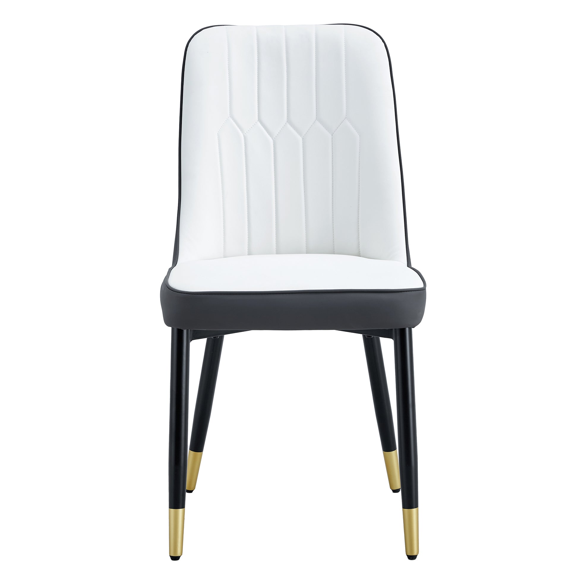 Table And Chair Set.The Table Has A Glass Top With Imitation Marble Pattern Stickers And Stainless Steel Golden Legs. Paried With Chairs With Pu Artificial Leather Backrest Cushions And Black Legs. White Gold Seats 6 Glass Metal