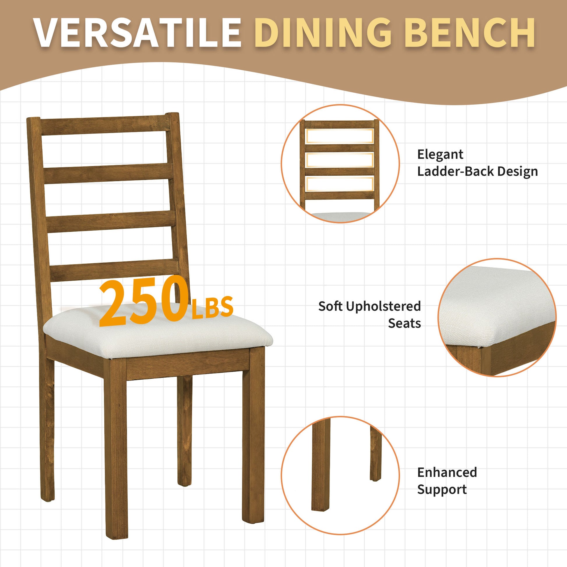 Farmhouse 6 Piece 60Inch Extendable Pedestal Dining Table Set With 18Inch Removable Leaf, 44Inch Bench And 4 Ladder Back Dining Chairs, Dark Brown Wood Dining Room Solid Wood Rubberwood Oval Dining Table With Bench Wood Wood Dark Brown Ladder Back Seats