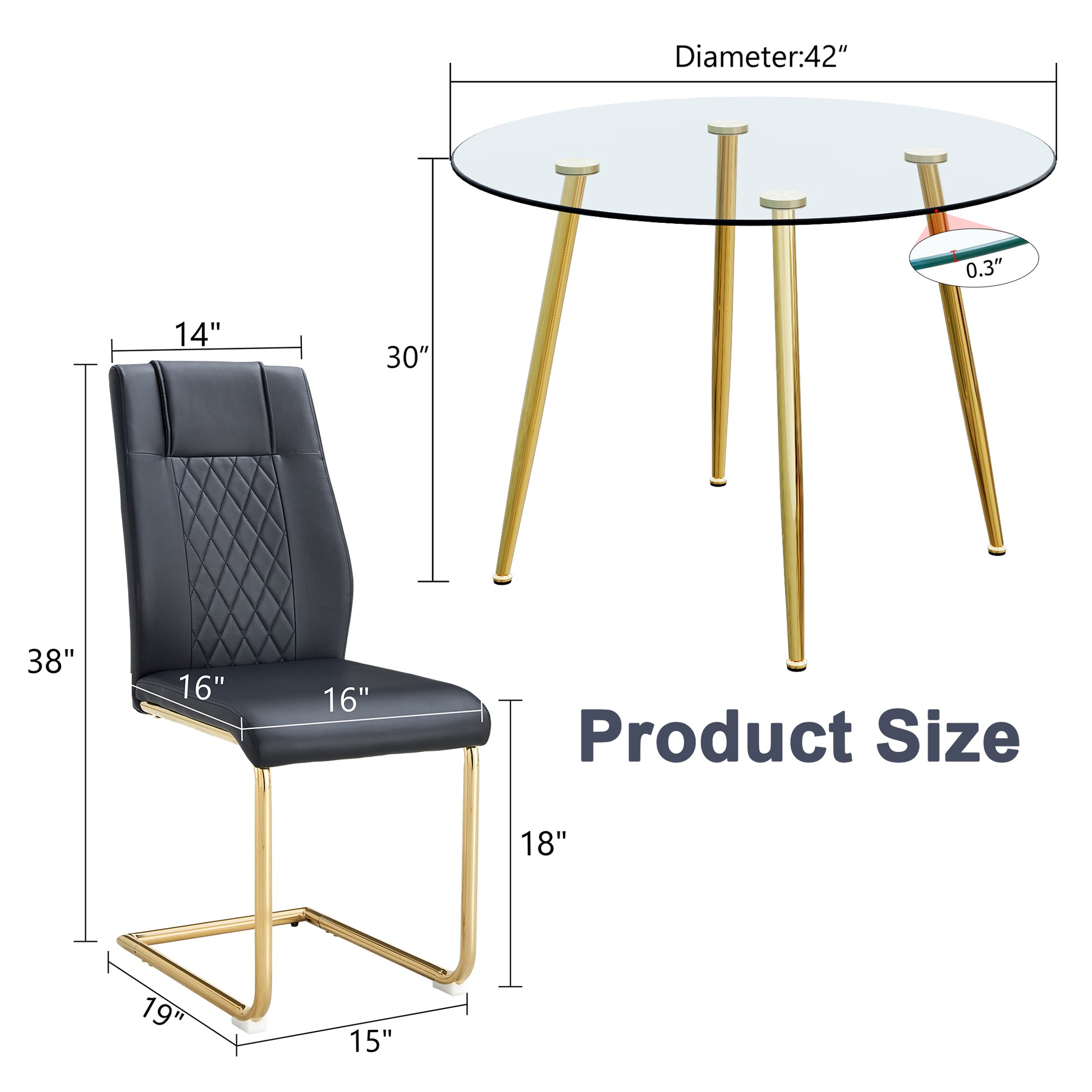 A Modern Minimalist Style Round Transparent Tempered Glass Table With Gold Metal Legs, Paired With 6 Modern Pu Leather High Back Dining Chairs ,Bring A Luxurious Experience. Black Seats 6 Glass Metal