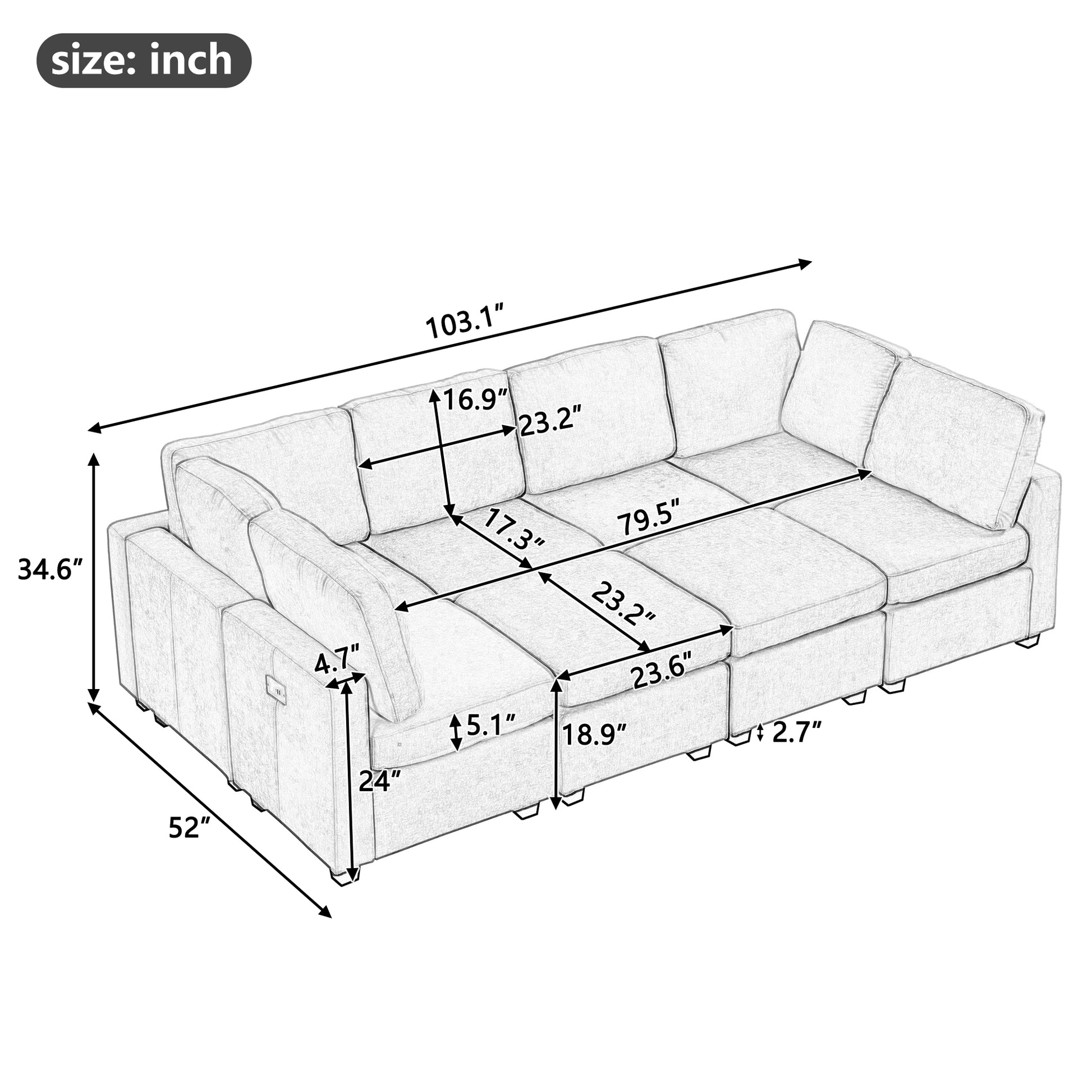 103" Sectional Sofa Couch Sofa Bed U Shaped Sofa With Two Movable Ottoman And Three Usb Ports For Living Room, Grey Grey Foam Chenille 6 Seat