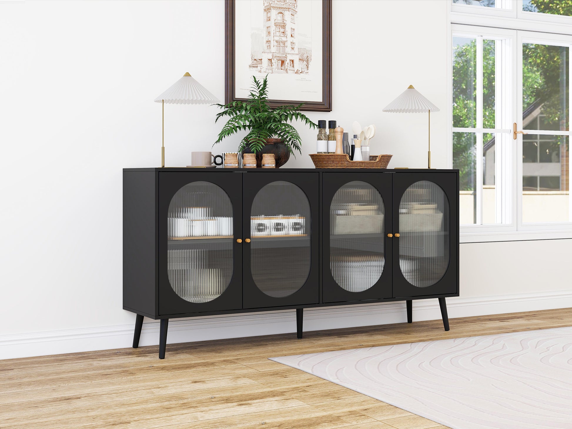 4 Door Cabinet, Sideboard Accent Cabinet, Storage Cabinet For Living Room, Hallway Entryway Kitchen Black Mdf