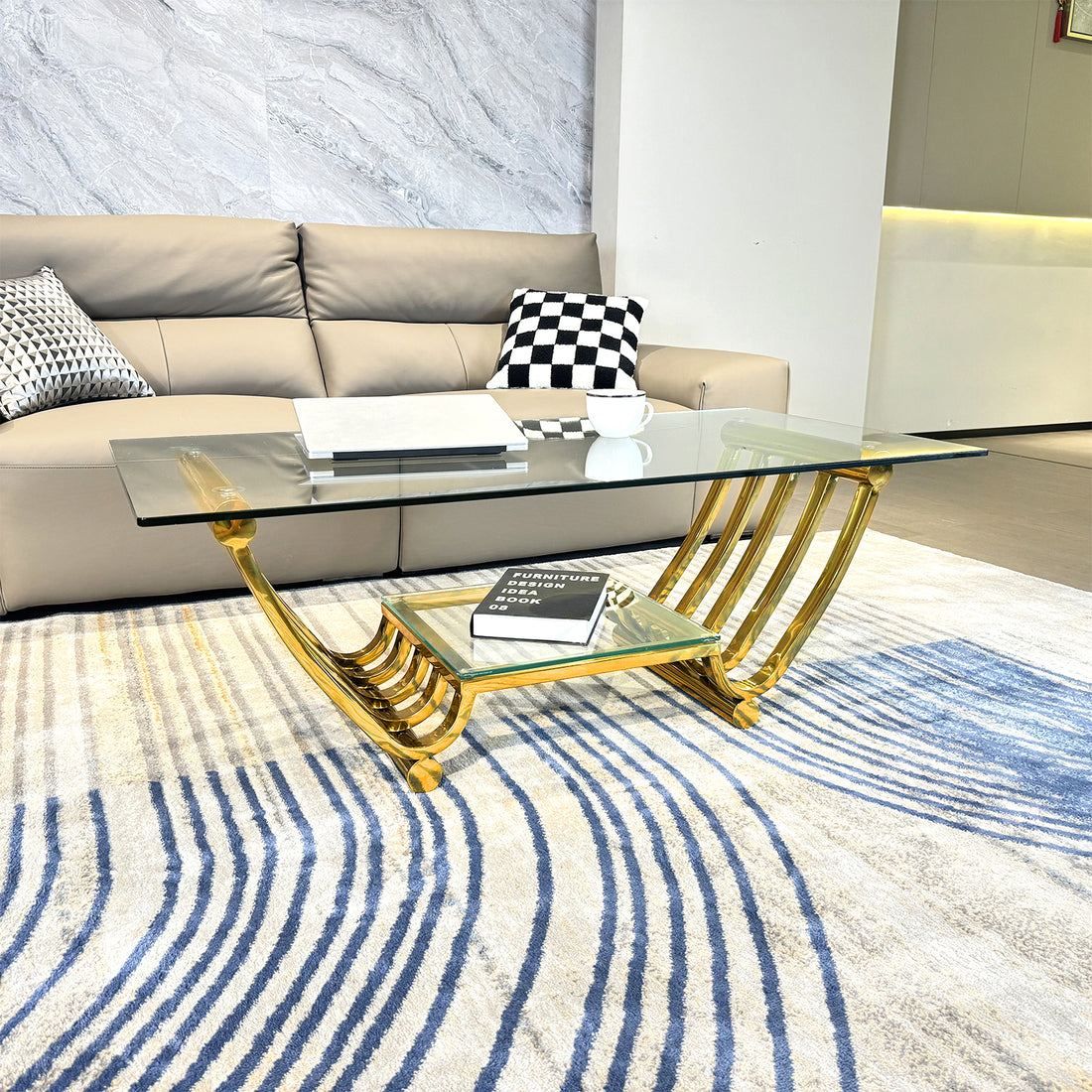 47" Rectangle Modern Stainless Steel Coffee Table, Double Layer Clear Tempered Glass Coffee Table, Center Table Table With Storage, For Living Room Home Office, Easy Assembly, Gold Clear,Gold Modern