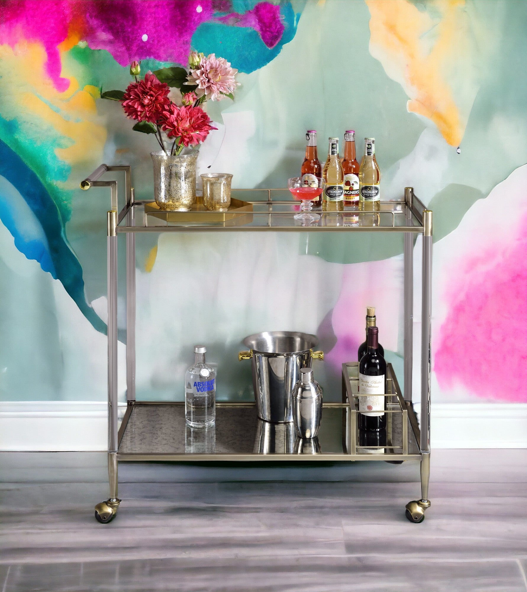 Cirro Antique Mirror & Wire Brass Finish Serving Cart Antique Brass White Glass Metal