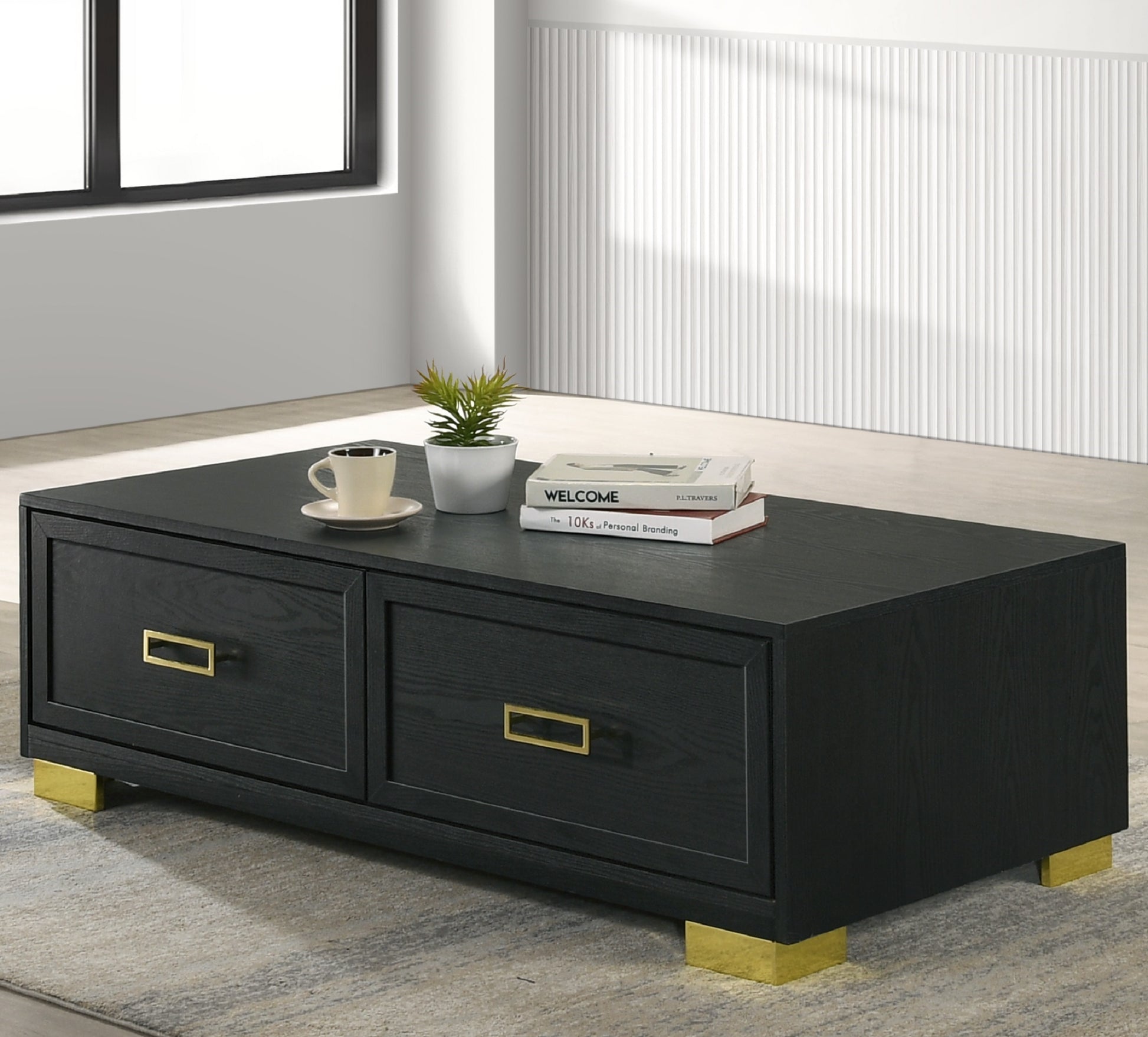 1Pc Contemporary Coffee Table Storage Drawers Black Gold Finish Metal Pull Knob Living Room Wooden Modern Furniture Black,Gold Primary Living Space Contemporary,Modern,Ultra Modern Drawers
