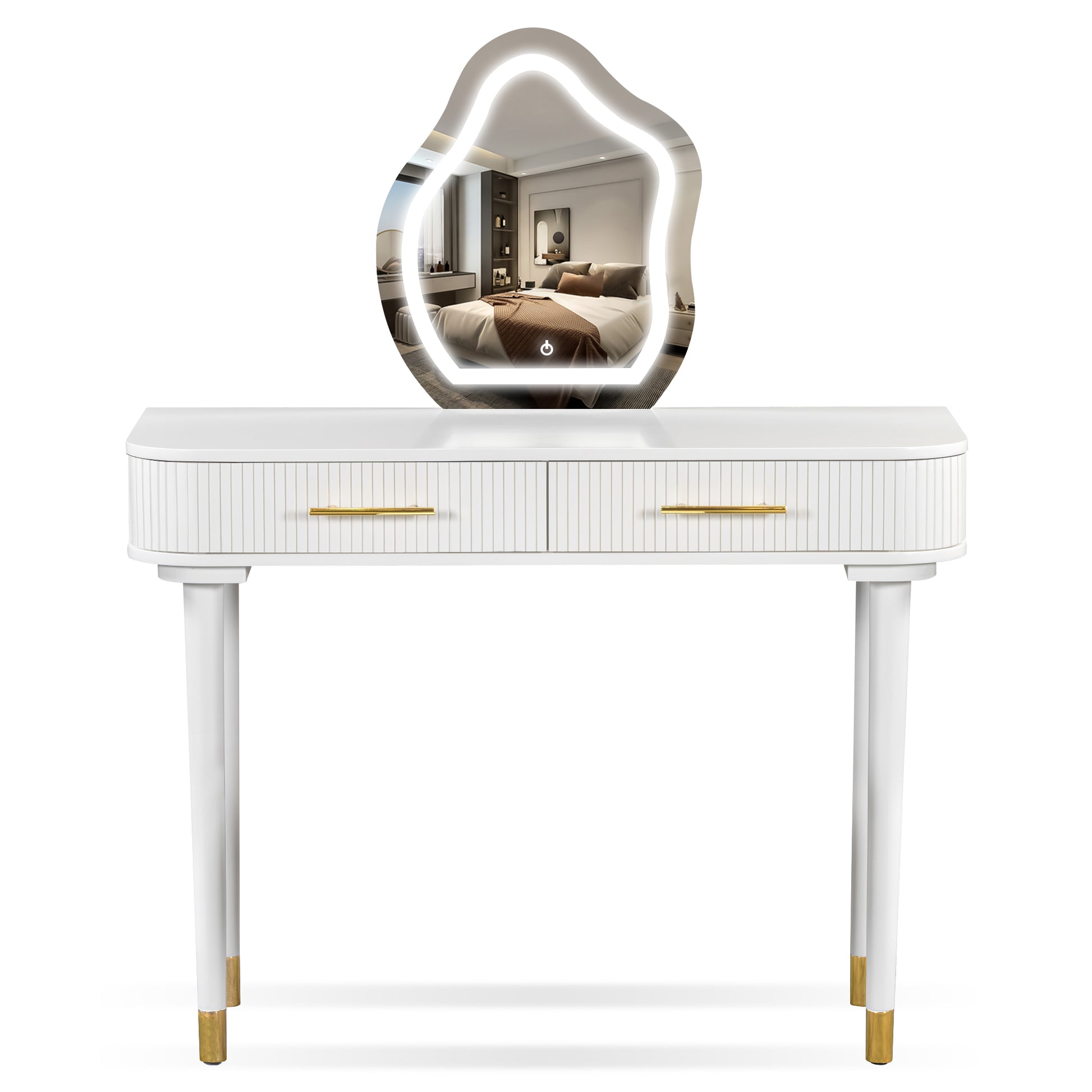 40" Modern Vanity Table Set With Mirror Touch Screen Lighted Mirror, Dressing Table And Cushioned Stool Set With 2 Large Drawers, White White 2 Drawers Rubberwood Mdf,Rubber Wood,Tempered Glass