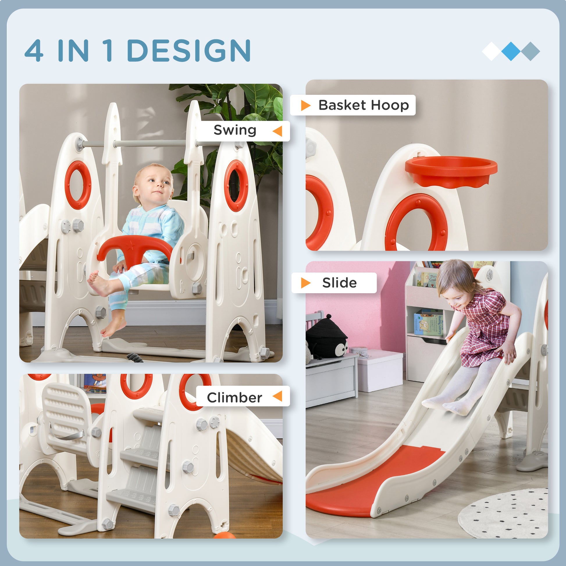 Qaba Toddler Swing Set, 4 In 1 Toddler Playground For Kids 1 3 Years Old, Indoor Toddler Playset With Slide, Swing, Basketball Hoop, Climber, Basketball, Red Red Plastic