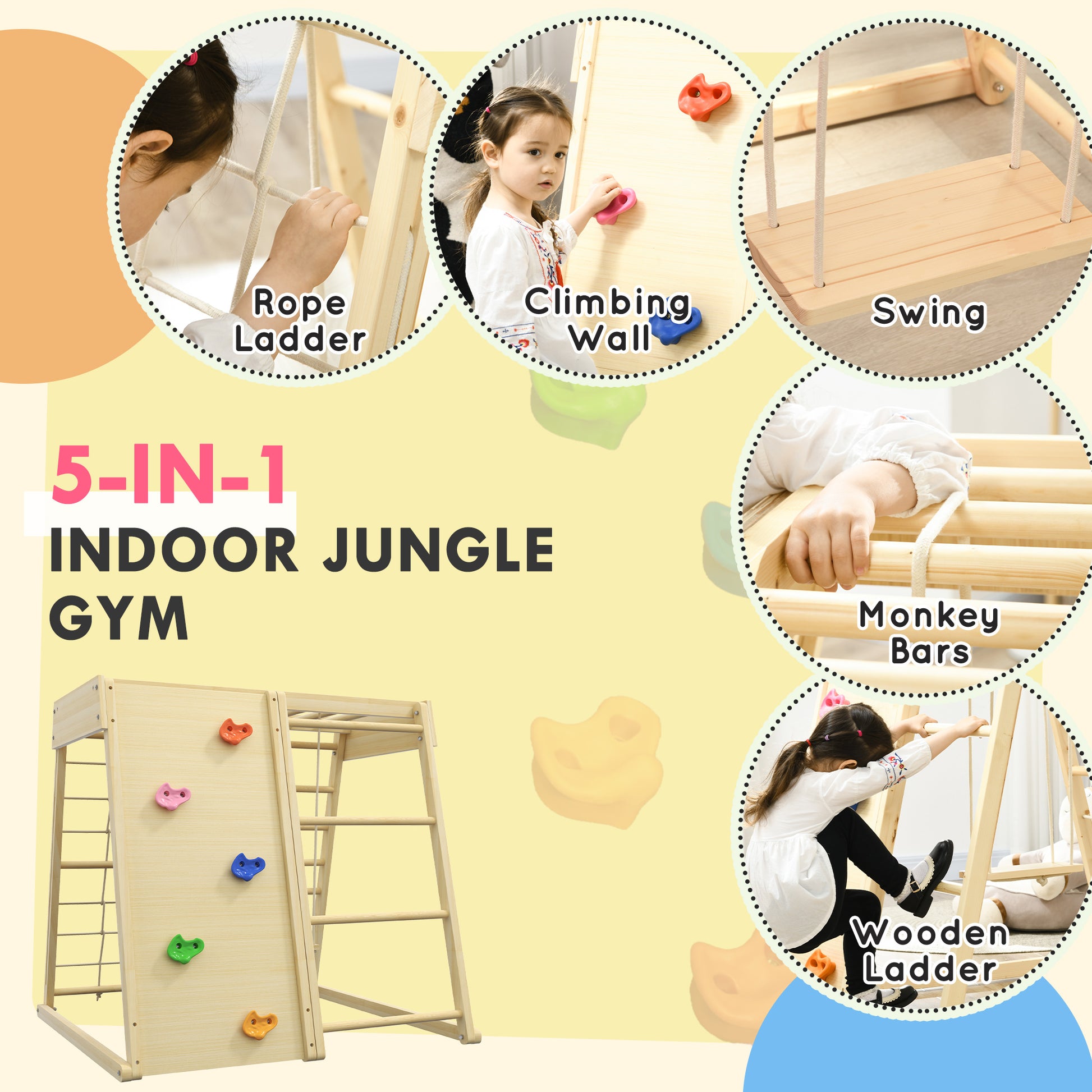 Qaba Indoor Jungle Gym,5 In 1 Toddler Climbing Toys With Monkey Bars, Wooden Climbing Wall, Rope, For 3 Years Old Wood Wood