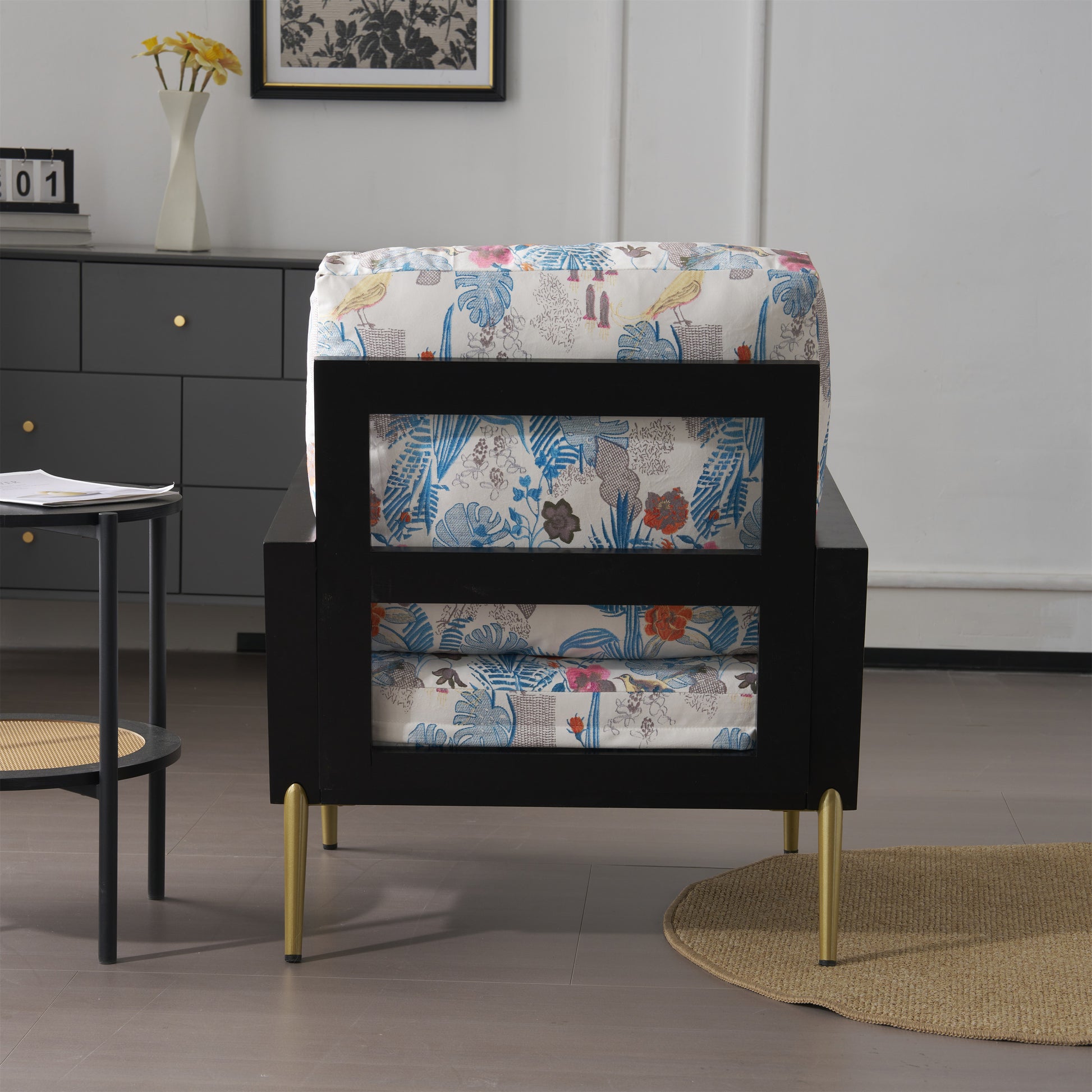 Retro Low Back Floral Print Velvet Accent Armchair With Gold Metal Legs & Rubberwood Frame, Wide Armrest Mid Century Lounge Chair With Pillow Back, Sofa Chair For Living Room & Balcony, Blue Floral