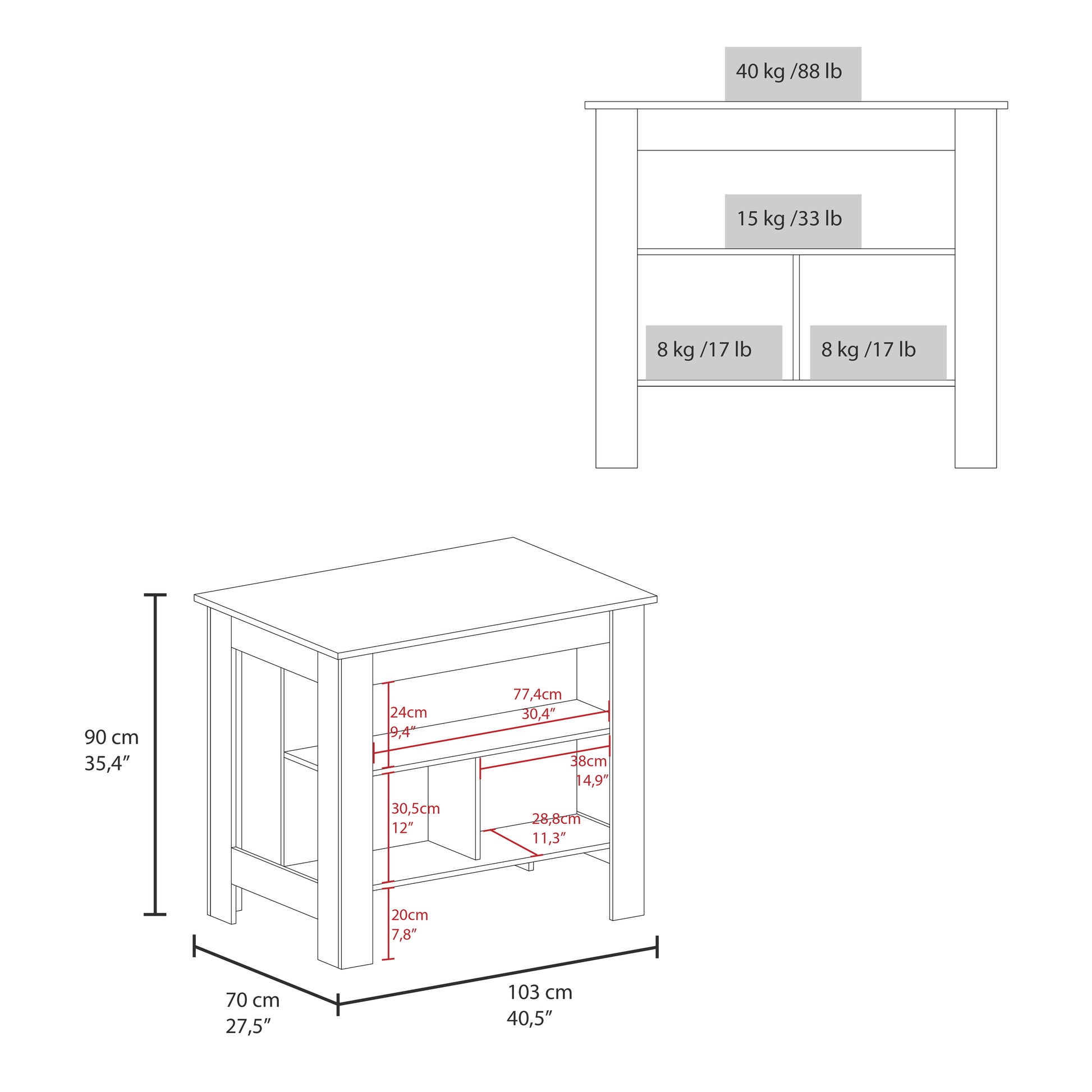 Cortes Kitchen Island 2 Tier Shelf 40" Width And Large Work Top Multi Kitchen Modern Rectangular Stationary Kitchen Islands Particle Board Medium 40 55In