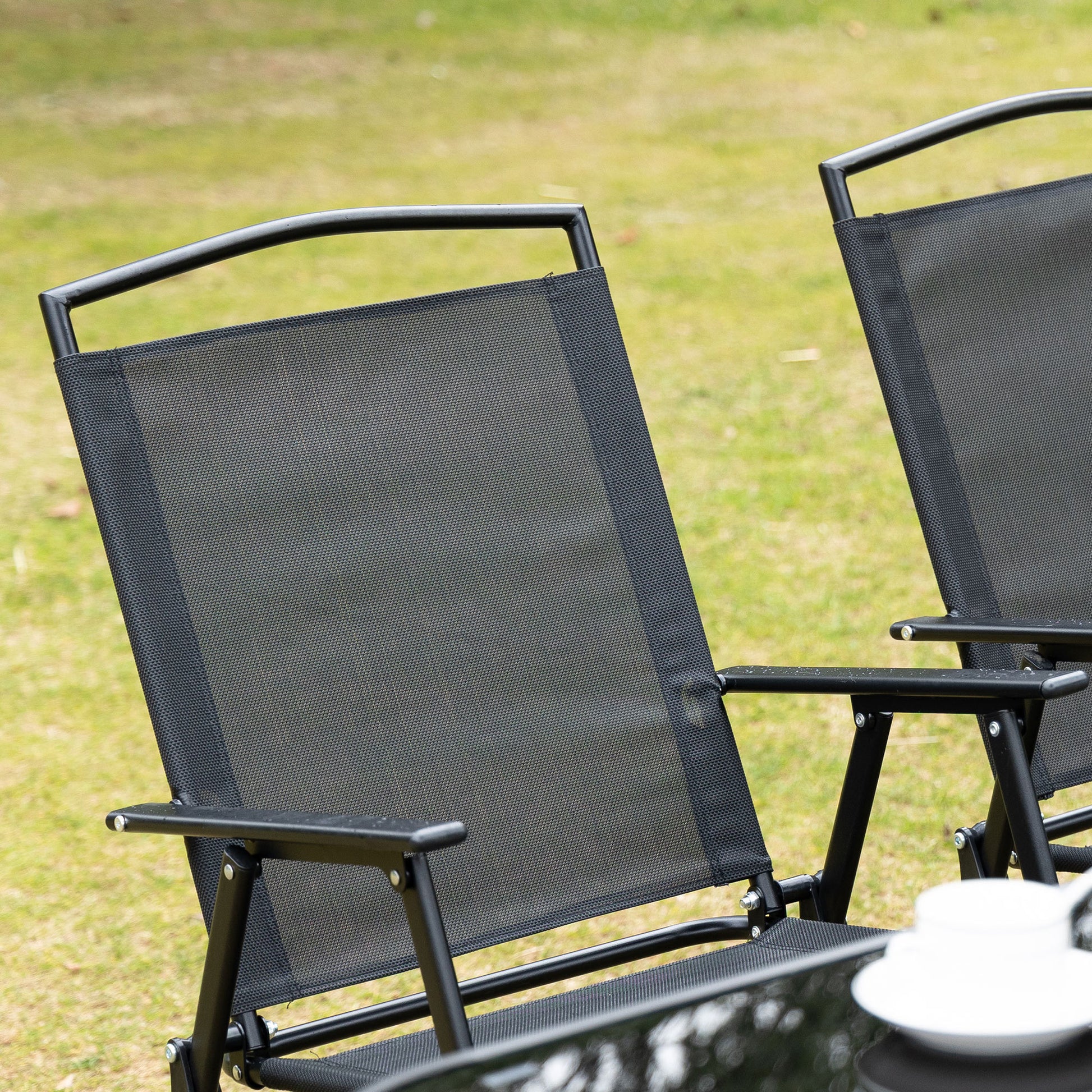 Outsunny 8 Piece Patio Dining Set With Table Umbrella, 6 Folding Chairs And Rectangle Dining Table, Outdoor Patio Furniture Set, Black Black Metal