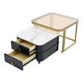 2 In 1 Square Nesting Coffee Table With Wheels & Drawers, Stackable Side Table With High Gloss Marble Grain Top, End Table Set With Brown Tempered Glass For Living Room, Black Black Gold Primary Living Space Drawers Square Mdf Steel