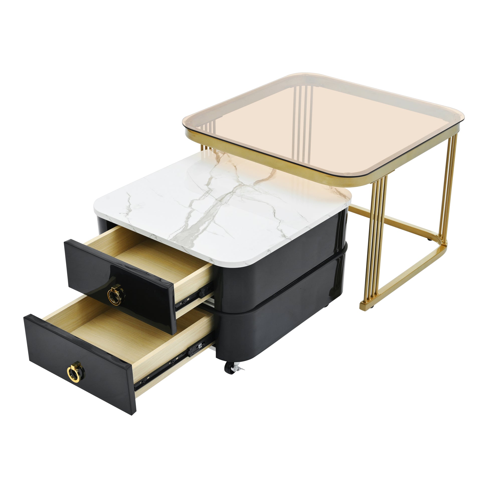 2 In 1 Square Nesting Coffee Table With Wheels & Drawers, Stackable Side Table With High Gloss Marble Grain Top, End Table Set With Brown Tempered Glass For Living Room, Black Black Gold Primary Living Space Drawers Square Mdf Steel