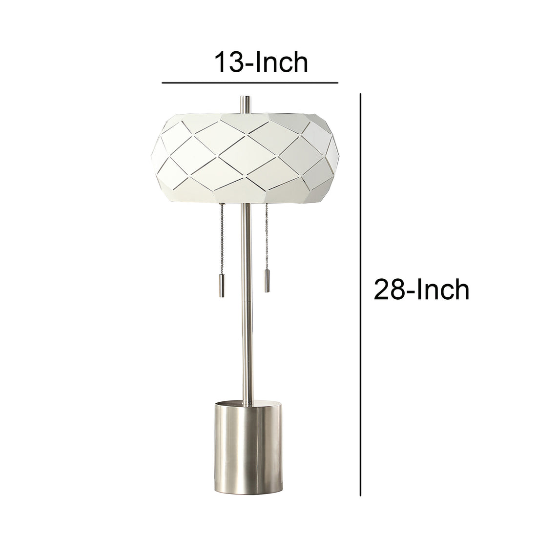 28 Inch Accent Table Lamp, Geometric Drum Shade, Metal Base, White, Silver Silver White Metal