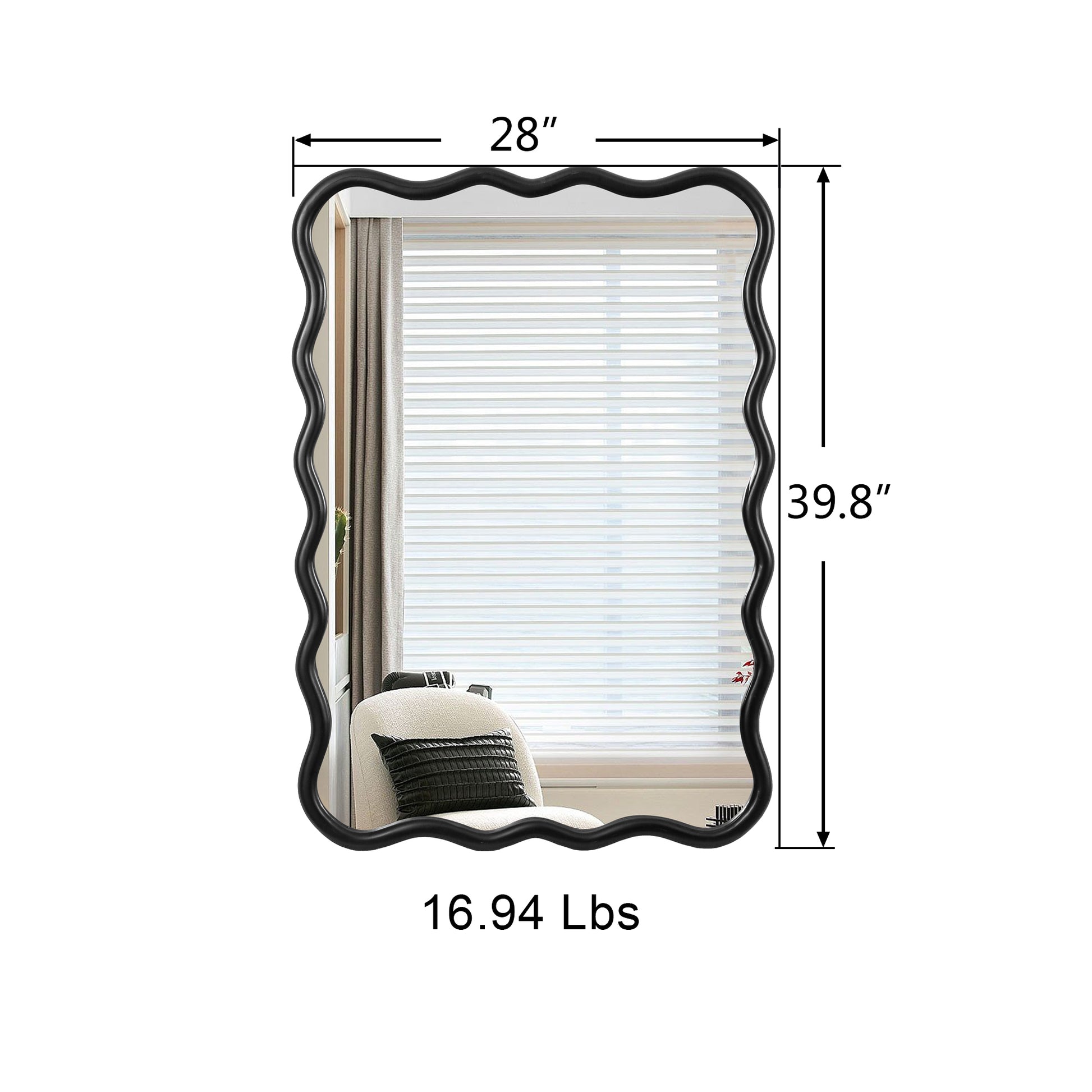 Solid Wood Wavy Rectangle Mirror Black 40" X 28" Modern Mirror Wall Decor For Bathroom, Bedroom, Living Room, Dining Room, Cloakroom, Entryway Antique Black Glass Solid Wood