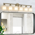 6 Light Golden Bathroom Vanity Light Fixture, Frosted Glass Shades, Modern Wall Mounted Lighting No Bulbs Golden Glass,Iron