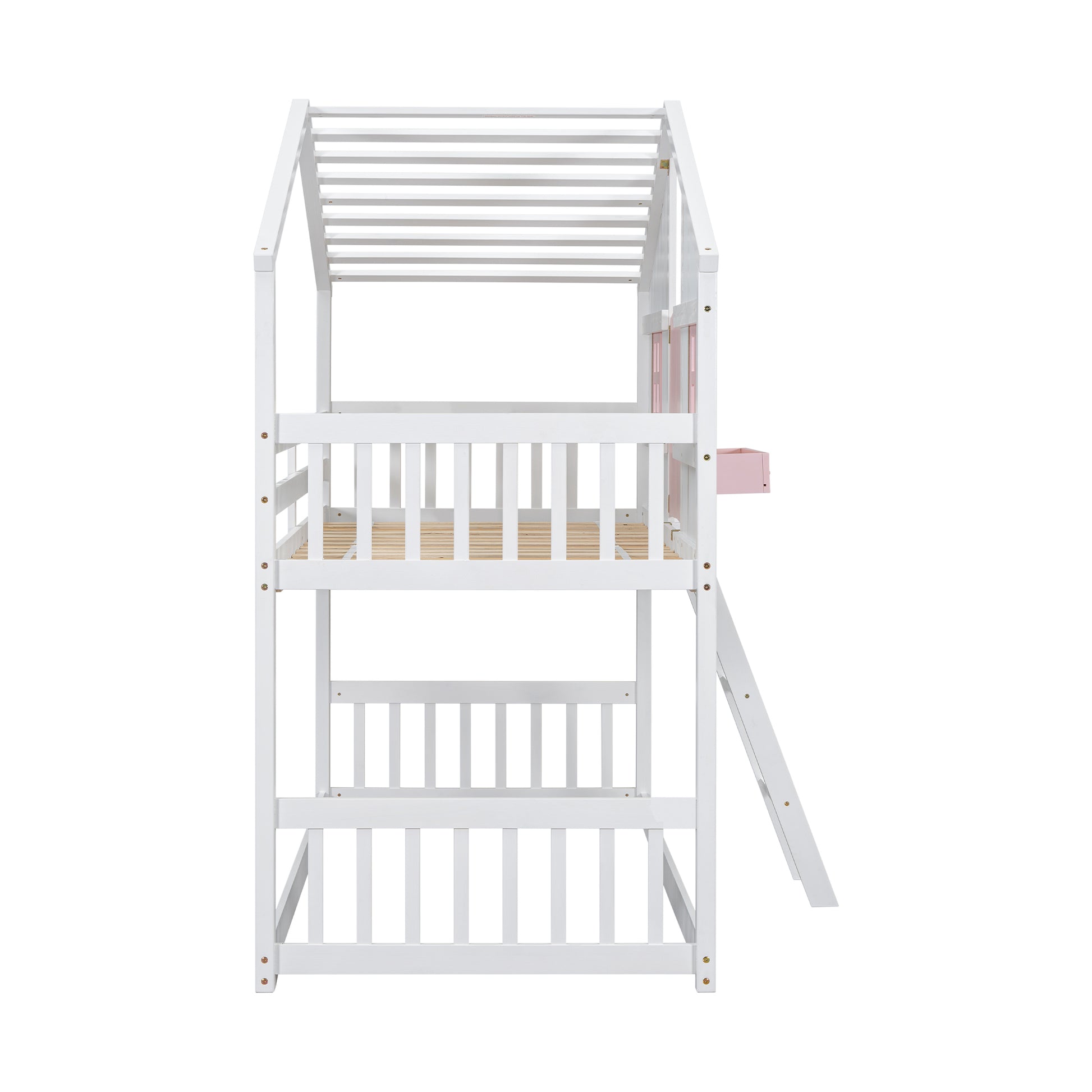 Twin Over Twin House Bunk Bed With Roofwindow, Window Box, Doorwith Safety Guardrails And Ladder, Pink White Twin Pink White Pine