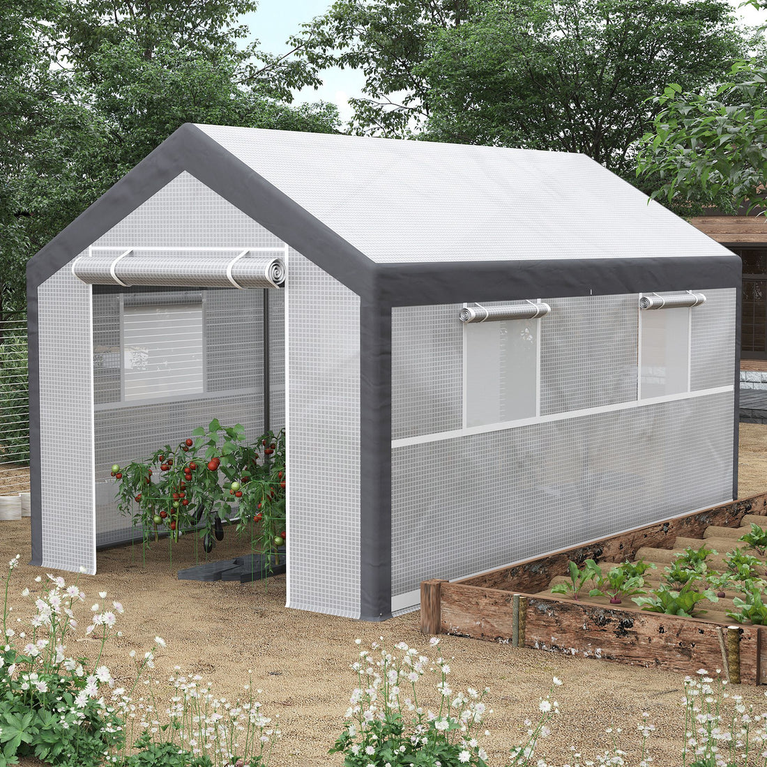 Outsunny 12' X 7' X 7' Walk In Greenhouse, Outdoor Garden Warm Hot House With 4 Roll Up Windows, 2 Zippered Doors And Weather Cover, White White Polyethylene