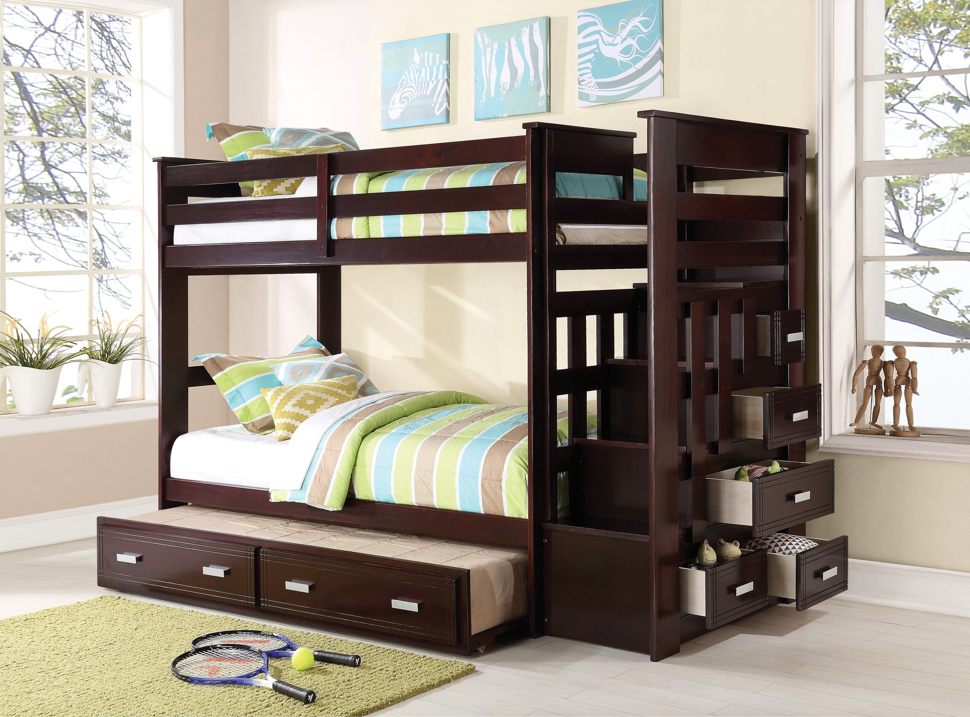 Allentown Espresso Finish Twin Twin Bunk Bed W Trundle & Storage Espresso Wood Synthetic Wood