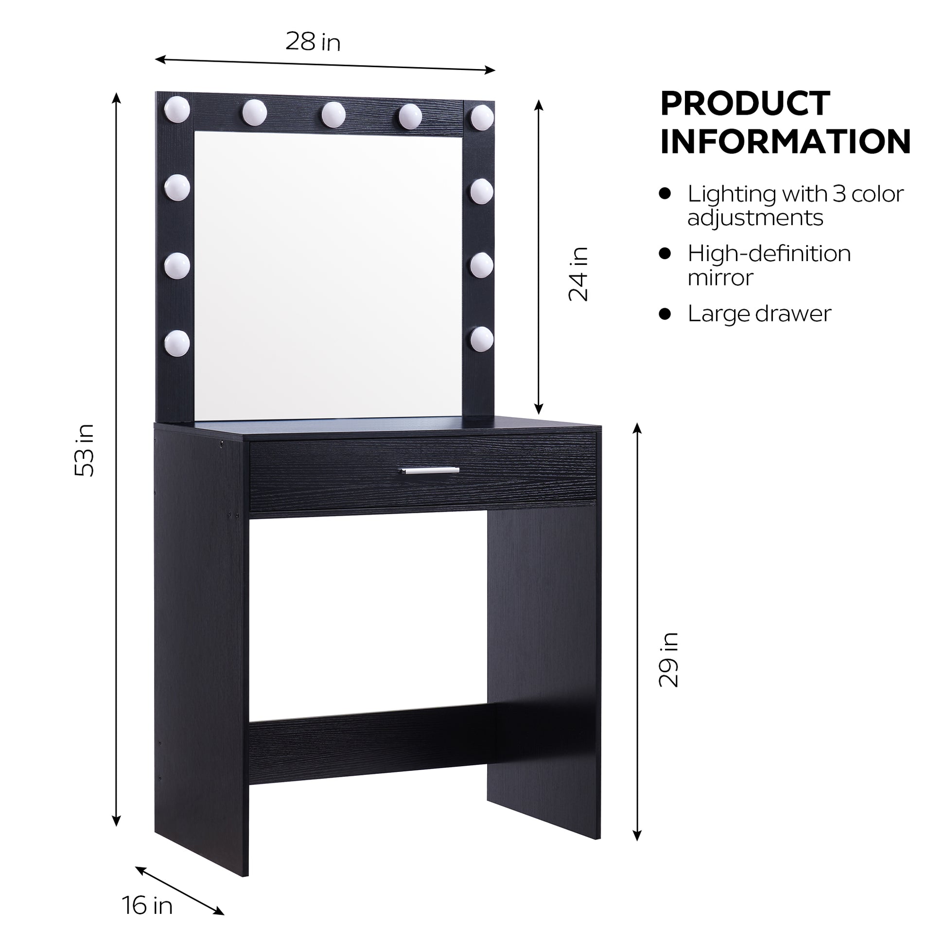 Vanity Desk With Mirror And Lights, Dressing Table With Large Drawer, 1 Level Storage Dresser & 3 Lighting Modes Adjustable Brightness, Suitable For Bedroom Black Black Particle Board