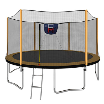 14Ft Powder Coated Advanced Trampoline With Basketball Hoop Inflator And Ladder Outer Safety Enclosure Orange Orange Steel