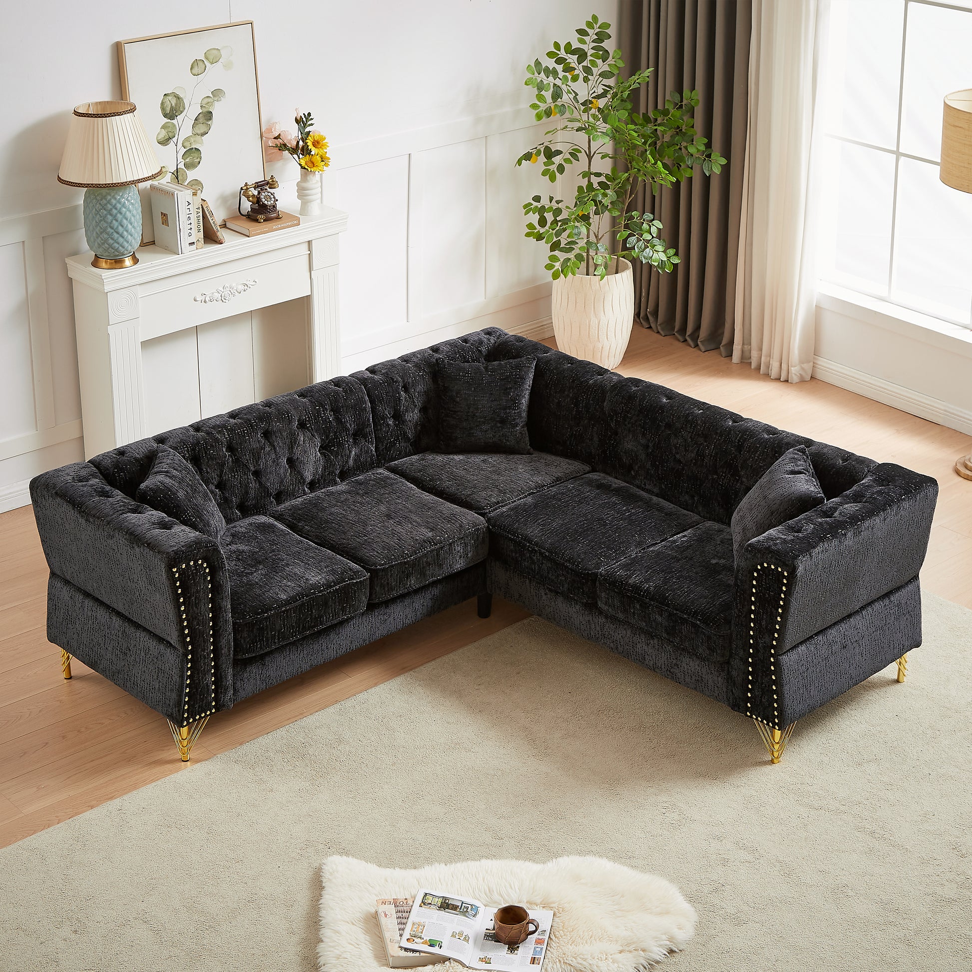 81.5 Inch Chenille Corner Sofal Shaped Sectional Couch, 5 Seater Corner Sofas With 3 Cushions For Living Room, Bedroom, Apartment, Office Black Foam Chenille 5 Seat