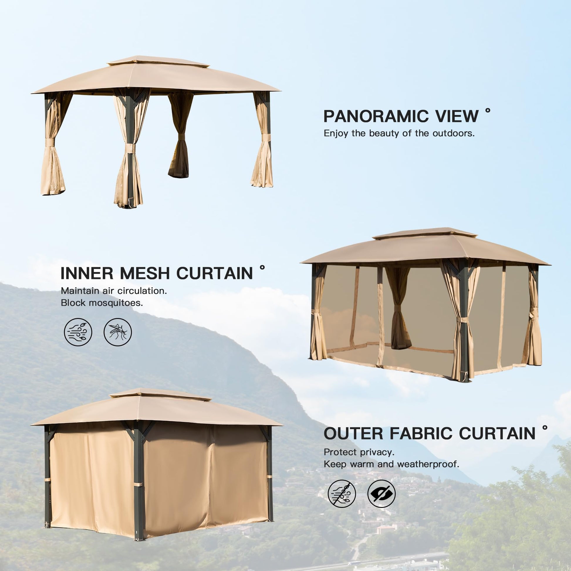 Gazebo 10X14Ft, Outdoor Gazebo With Double Roofs, Privacy Curtains, Mosquito Nettings, Heavy Duty Metal Frame Party Tent Canopy For Patio, Backyard, Deck, Lawn, Brown Brown Garden & Outdoor Uv