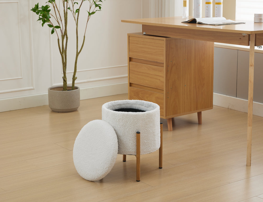 Modern Round Storage Ottoman, Ottoman Foot Stools With Metal Base, Ottoman Footstool With Removable Lid Storage Ottoman For Living Room, Bedroom, Makeup Room White White Upholstered