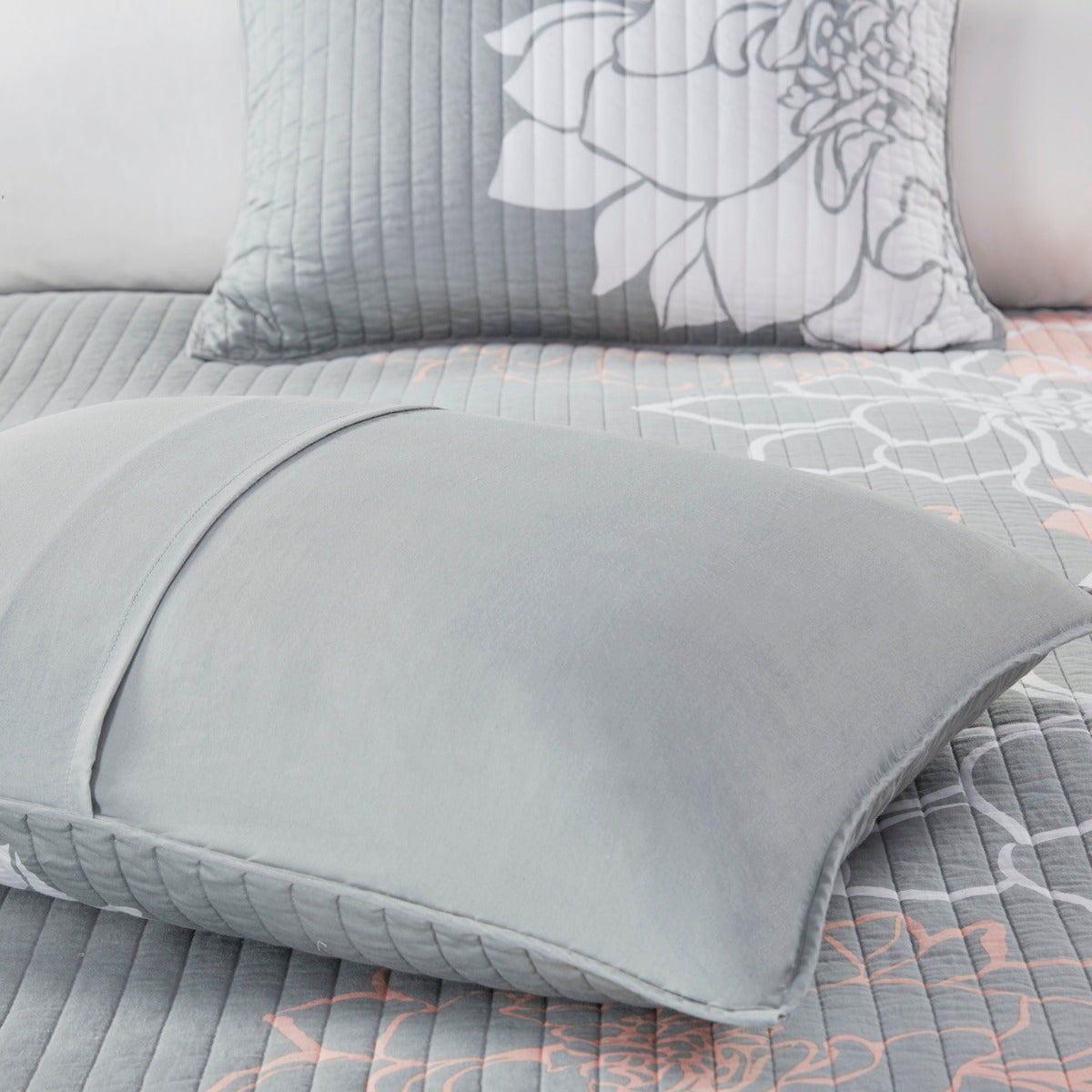 6 Piece Printed Cotton Quilt Set With Throw Pillows Grey Peach Full Queen Full Grey Peach Polyester