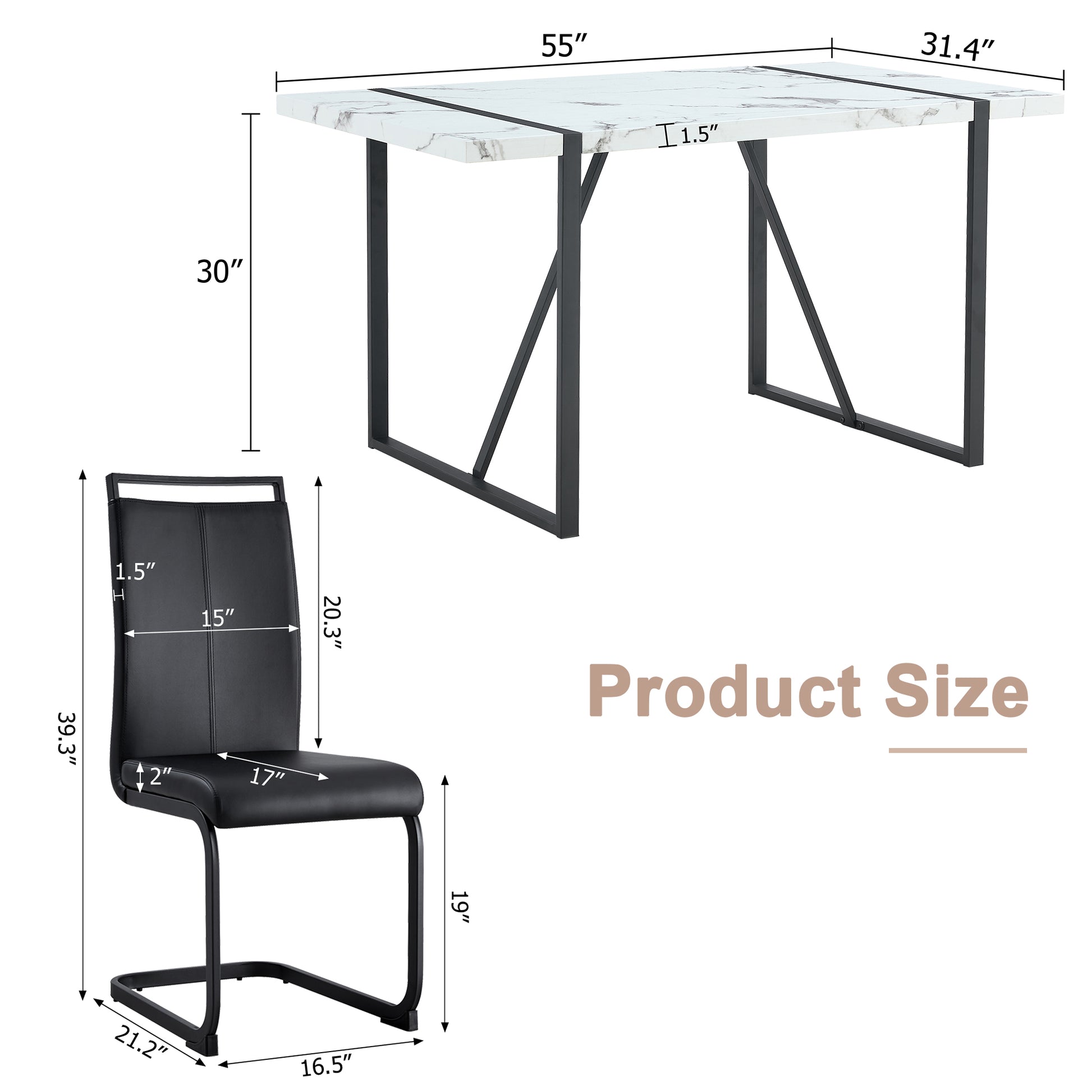 Table And Chair Set.A Modern Minimalist White Marble Veined Mdf Dining Table With Black Metal Frame.Paried With 4 Chairs With Pu Cushions And C Tube Black Metal Legs. White Black Seats 4 Mdf Metal