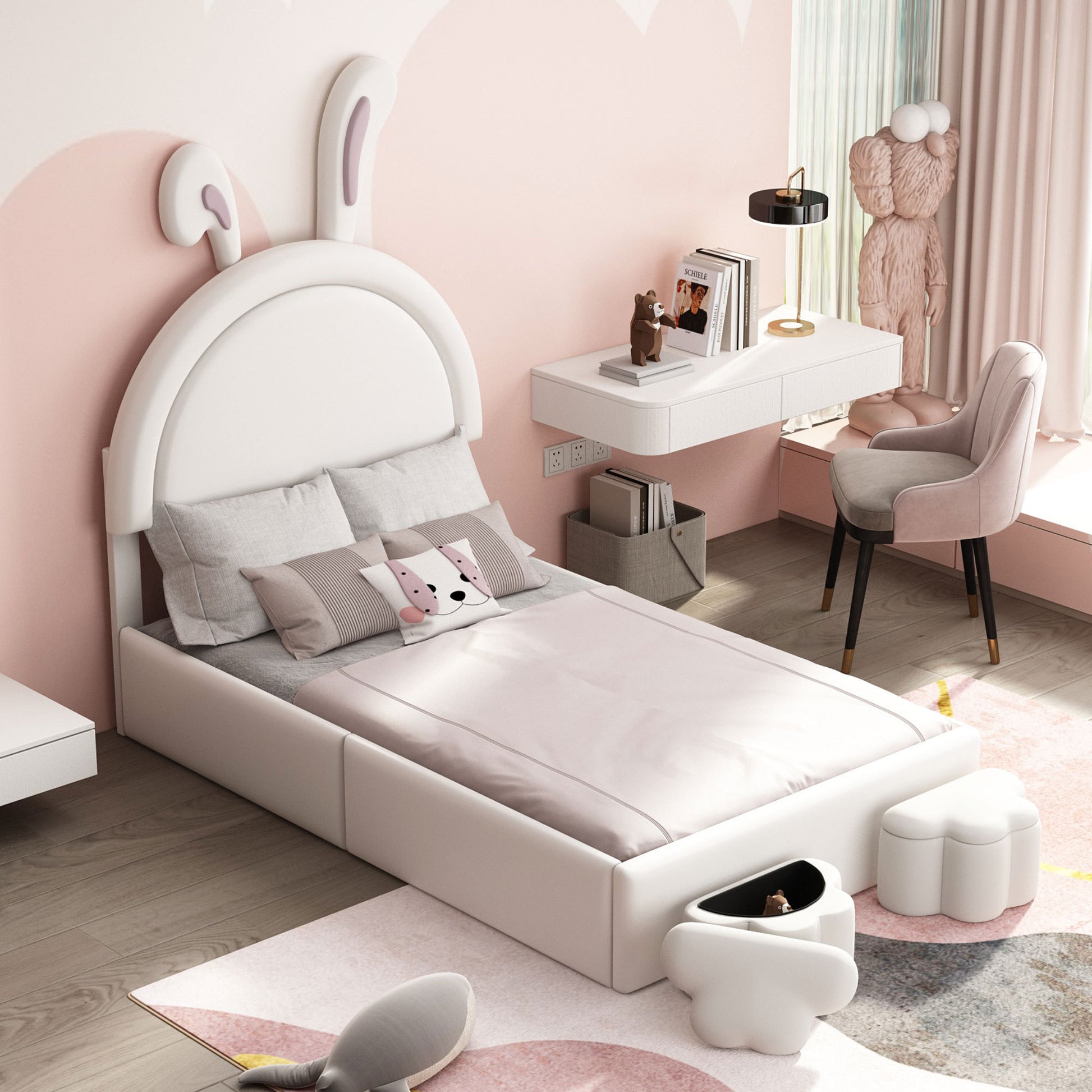 Twin Size Upholstered Rabbit Shape Bed With 2 Storage Stools, Velvet Platform Bed With Cartoon Ears Shaped Headboard, White Twin White Wood