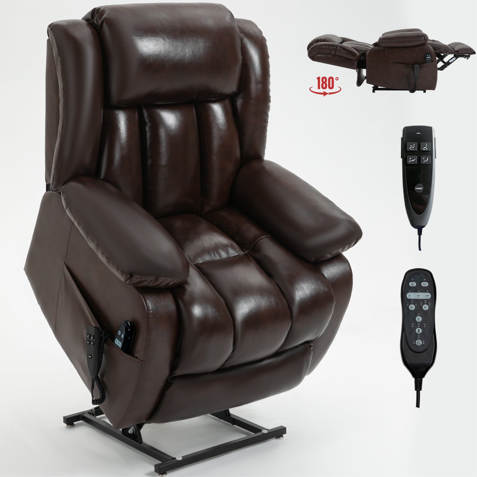 Dual Motor Infinite Position Up To 350 Lbs Electric Medium Size Genuine Leather Brown Power Lift Recliner Chair With 8 Point Vibration Massage And Lumbar Heating White Metal Primary Living Space Heavy Duty Pine Antique Brown Genuine Leather Power Remote