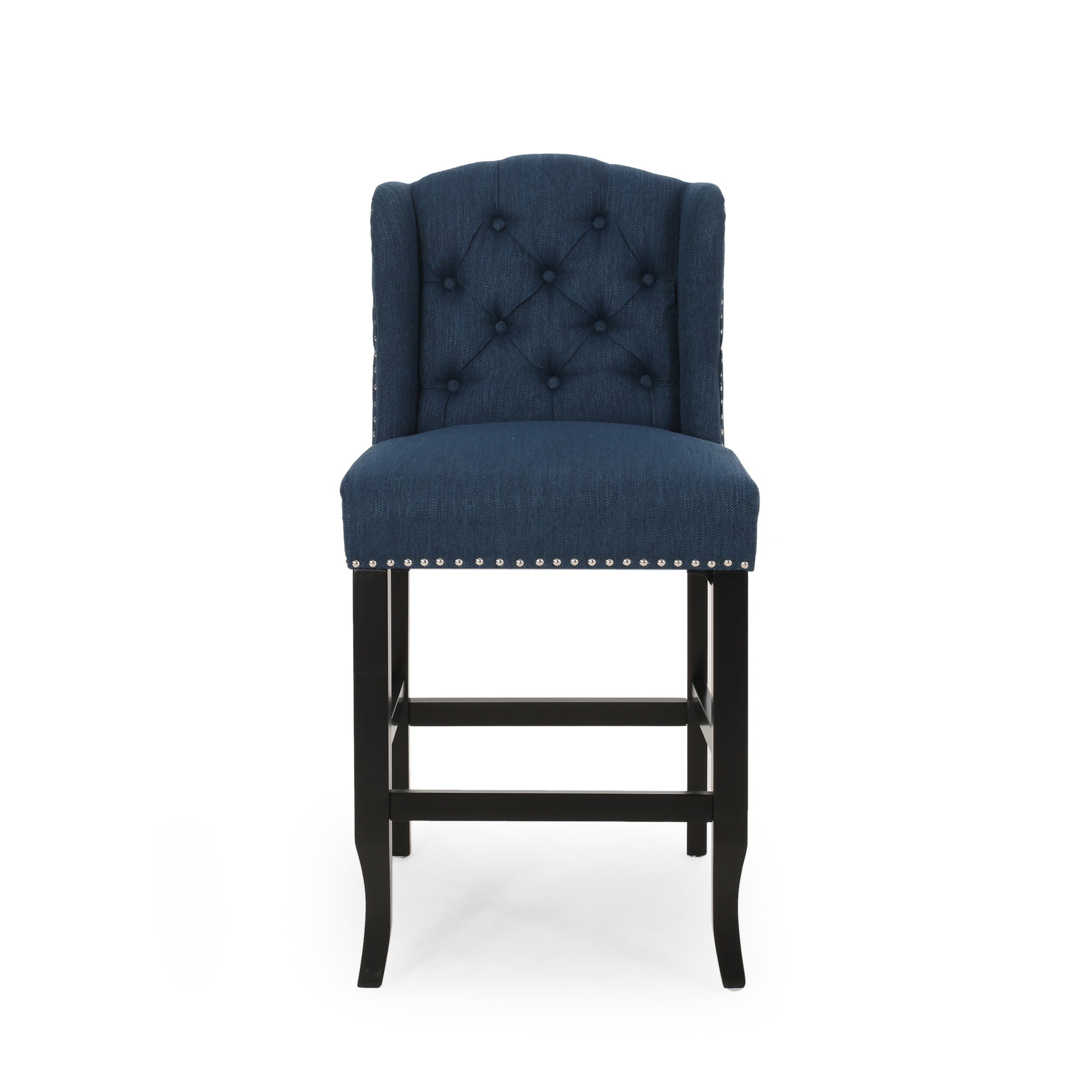 Vienna Contemporary Fabric Tufted Wingback 27 Inch Counter Stools, Set Of 2, Navy Blue And Dark Brown Navy Blue Fabric