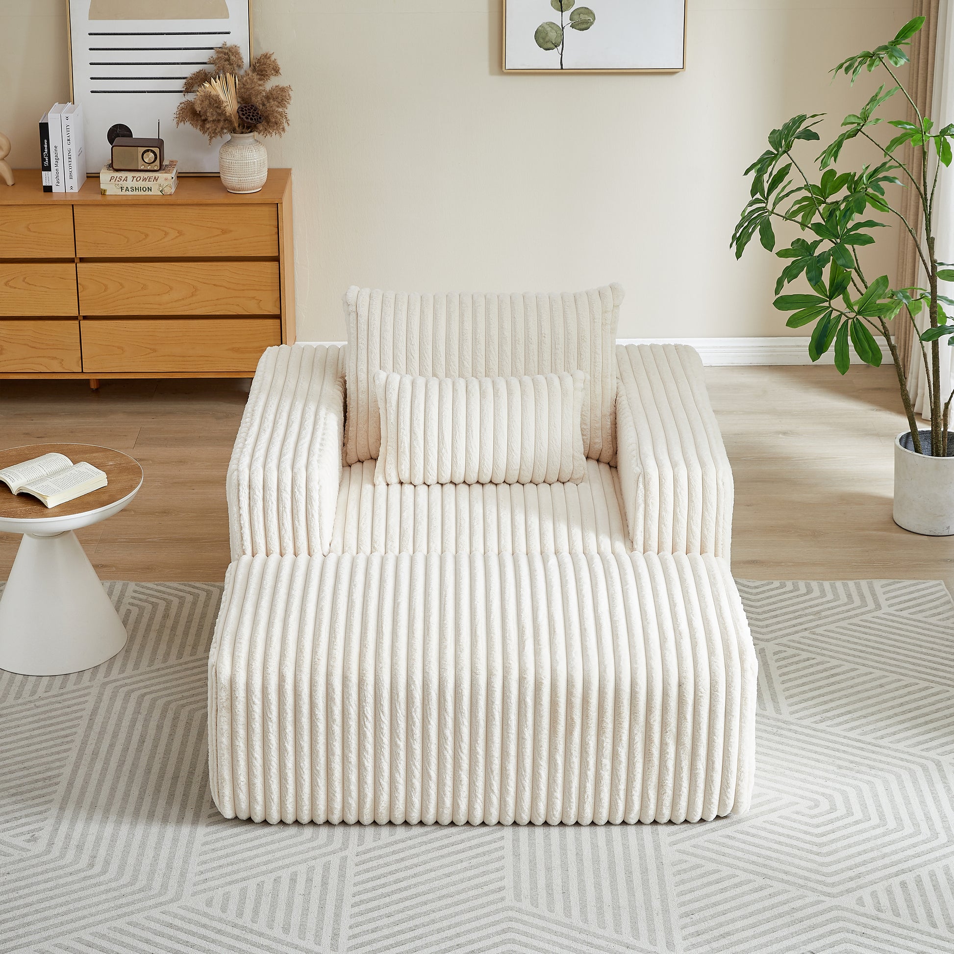 62.5 Inch Corduroy Sponge Sofa Lounge Chair With Removable Footrest,No Assembly Required,Fluffy Modern Sleeper Chair For Indoor Living Room Bedroom Beige Foam Corduroy 1 Seat