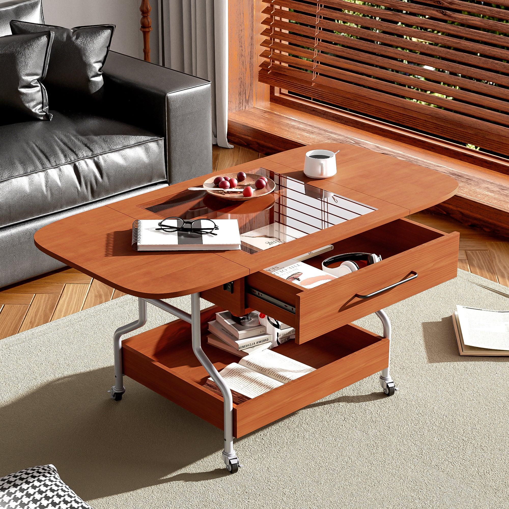 Modern Extended Coffee Table With Wheels, Folding Coffee Table With 1 Drawer And 2 Tier Storage, Metal Frame Coffee Table For Living Room Mahogany Glass,Mdf Metal