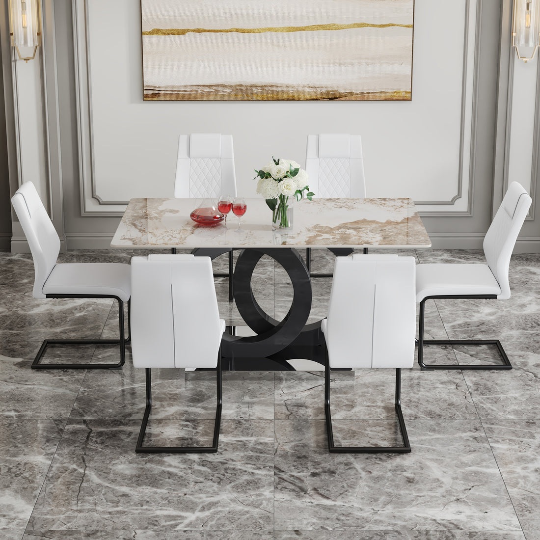 Table And Chair Set.63"X31.5" Marble Pattern Sintered Stone Table With Mdf Oc Shaped Bracket.Paired With 6 White Pu Chairs With Black Metal Legs.Suitable For Kitchen,Dining Room,Etc. White Black