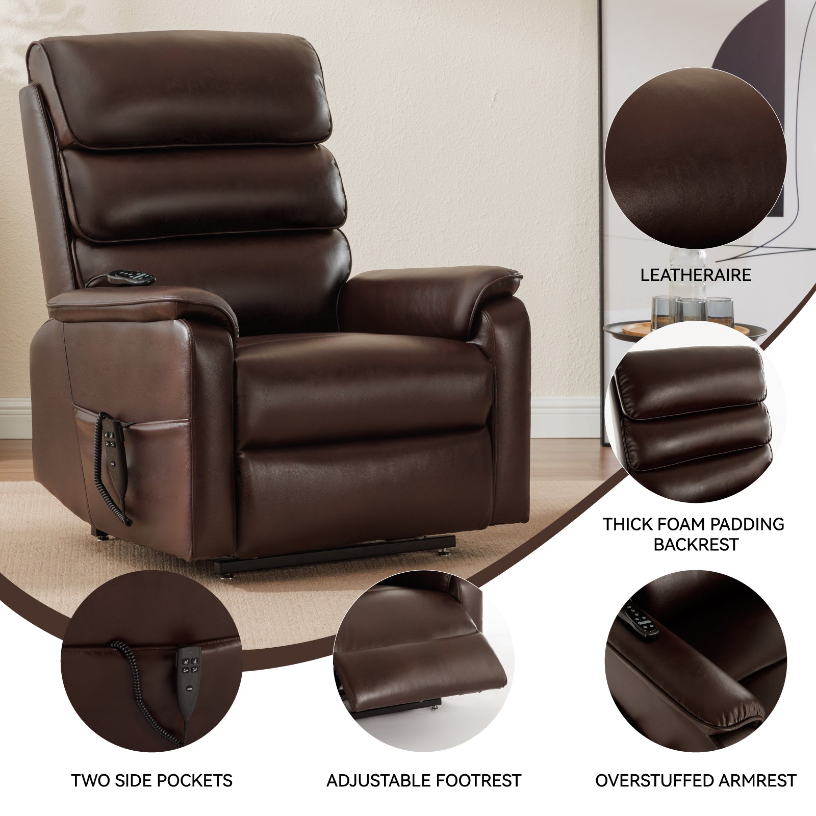 Brown Leatheraire Dual Motor Infinite Position Up To 350 Lbs Power Lift Recliner Chair With Power Remote, Heat Massage And Heavy Duty Motion Mechanism White Metal Primary Living Space Heavy Duty