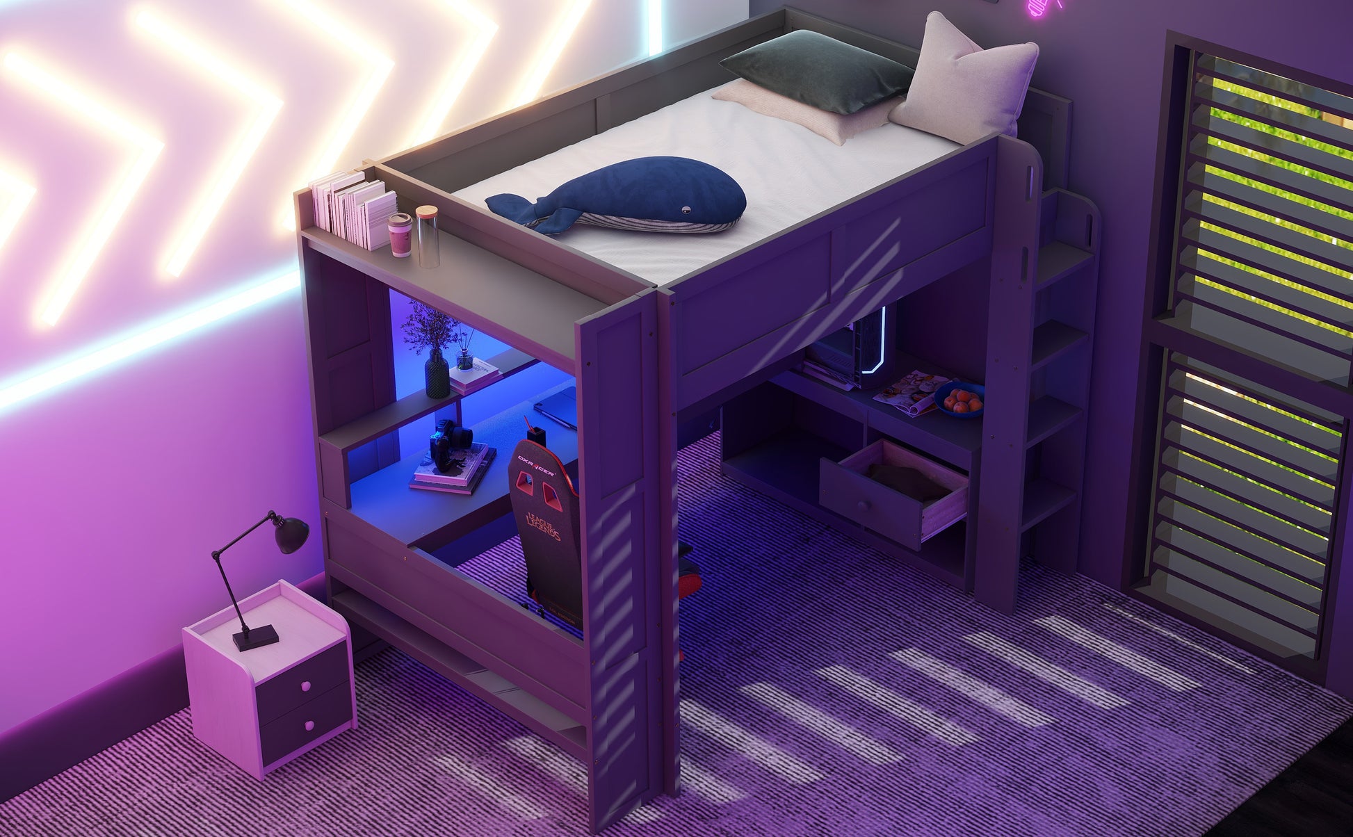Wood Full Size Gaming Loft Bed With Desk, Multi Storage Shelves, Led And Charging Station, Dark Gray Box Spring Not Required Full Dark Gray Wood Bedroom Bed Frame Solid Wood Mdf