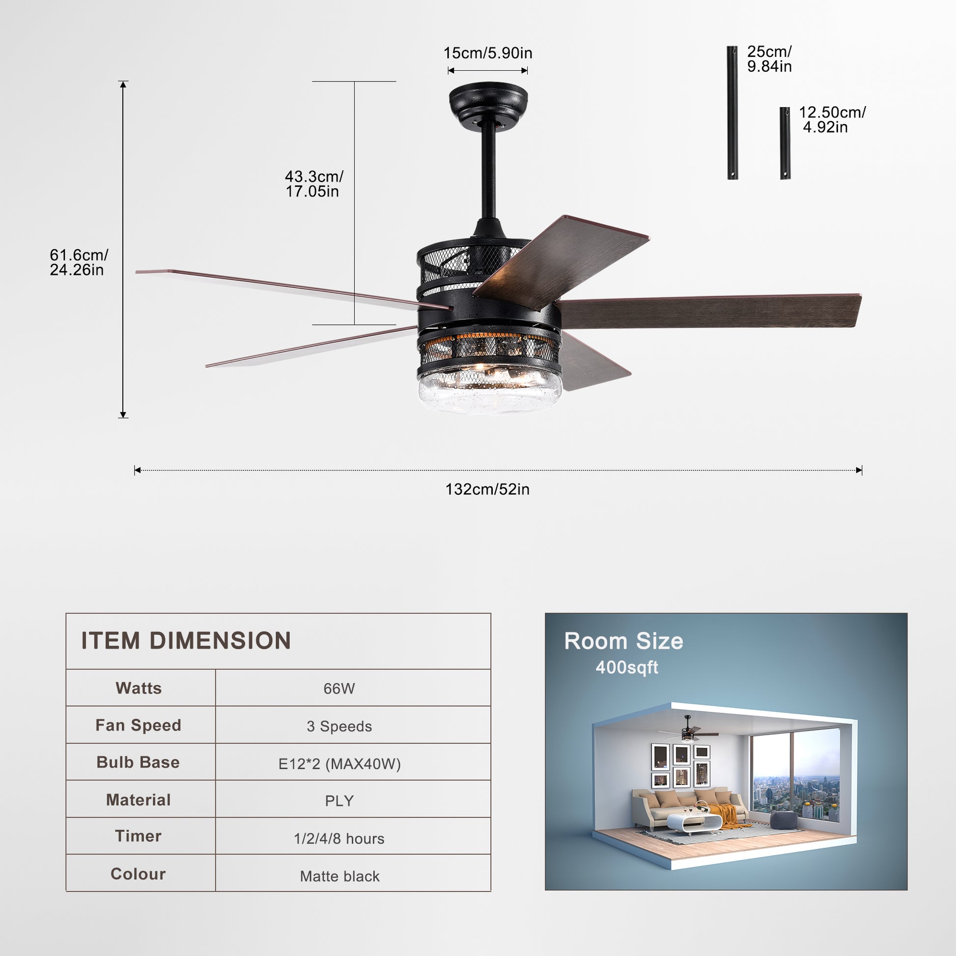 52 Inch 5 Blade Lighted Ceiling Fan With Remote Controlglass Shade Optional Remote Matte Black Matte Black American Design,American Traditional,Classic,Contemporary,Farmhouse Plywood Metal