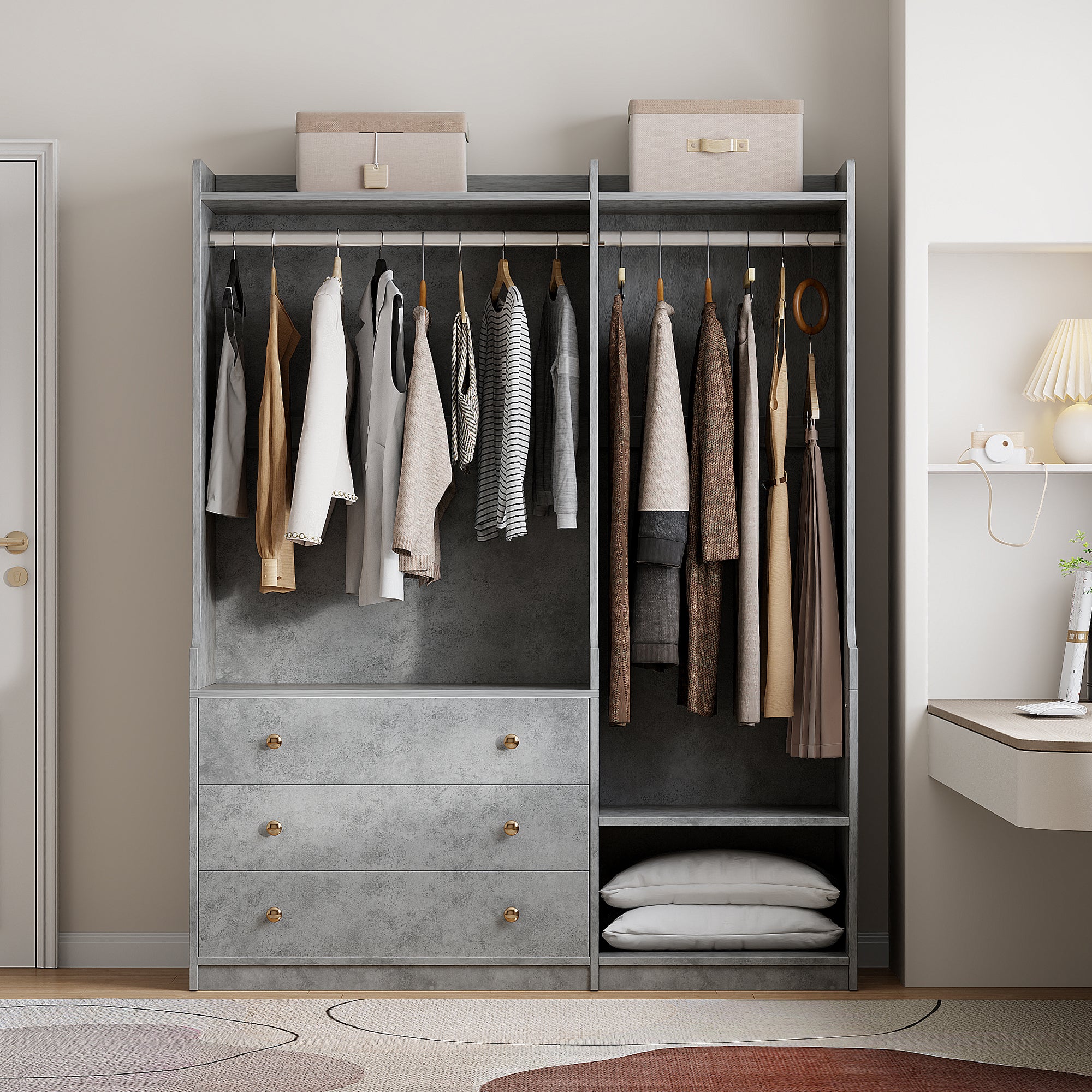 Open Wooden Wardrobe Storage For Bedroom, Gray Gray Particle Board