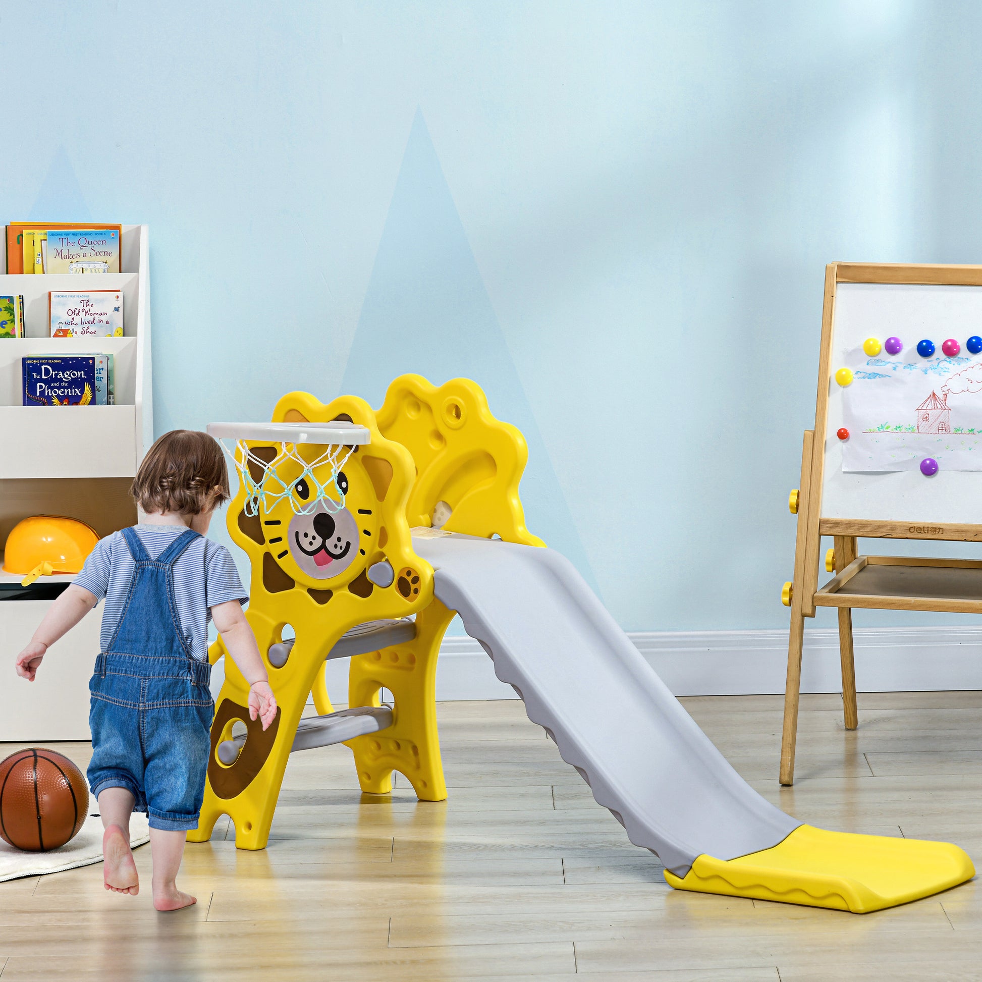 Qaba 2 In 1 Toddler Slide For Indoors, Toy For Toddler, Easy Set Up Baby Slide With Basketball Hoop For Kids 18 36 Months, Yellow Yellow Plastic