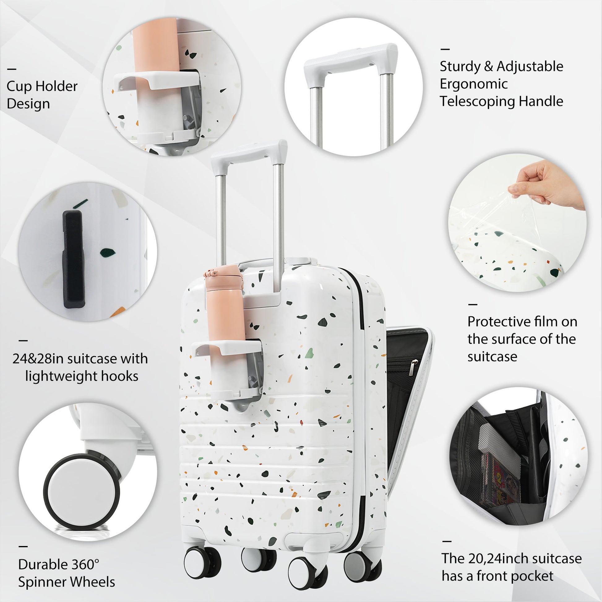 Luggage Set Of 3, 20, 24, 28Inch With Usb Port, 20, 24Inch With Front Opening Design Airline Certified Carry On Luggage With Cup Holder, Abs Pc Hard Shell Luggage With Spinner Wheels, Starry Sky
