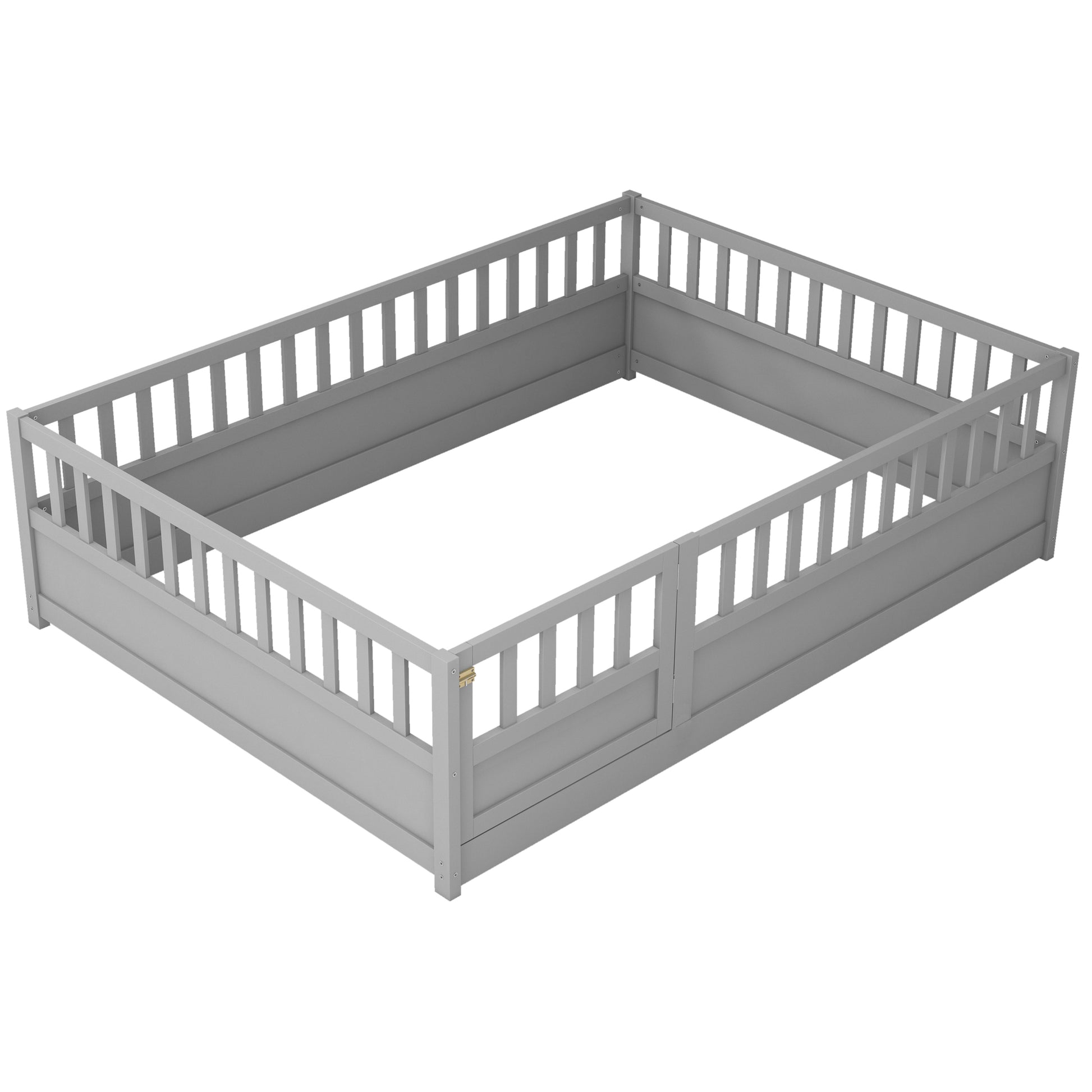 Full Size Floor Bed, Integral Construction With Super High Security Barrier, Door, Children'S Floor Bed Frame, Montessori Wooden Children'S Floor Bed, Grey Box Spring Required Full Grey Wood Brown Bedroom American Design,Artsy Pine Bed Frame Pine