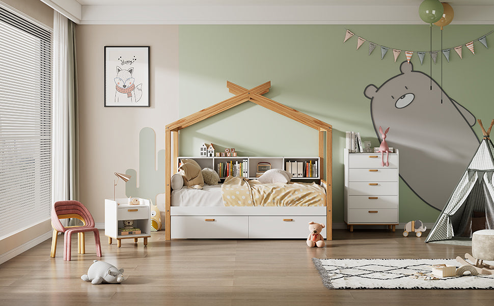 White Twin Size Wooden House Bed Original Wood Colored Frame With Two Drawers And Bookshelf Storage Space For Children Or Guest Room Twin White Wood