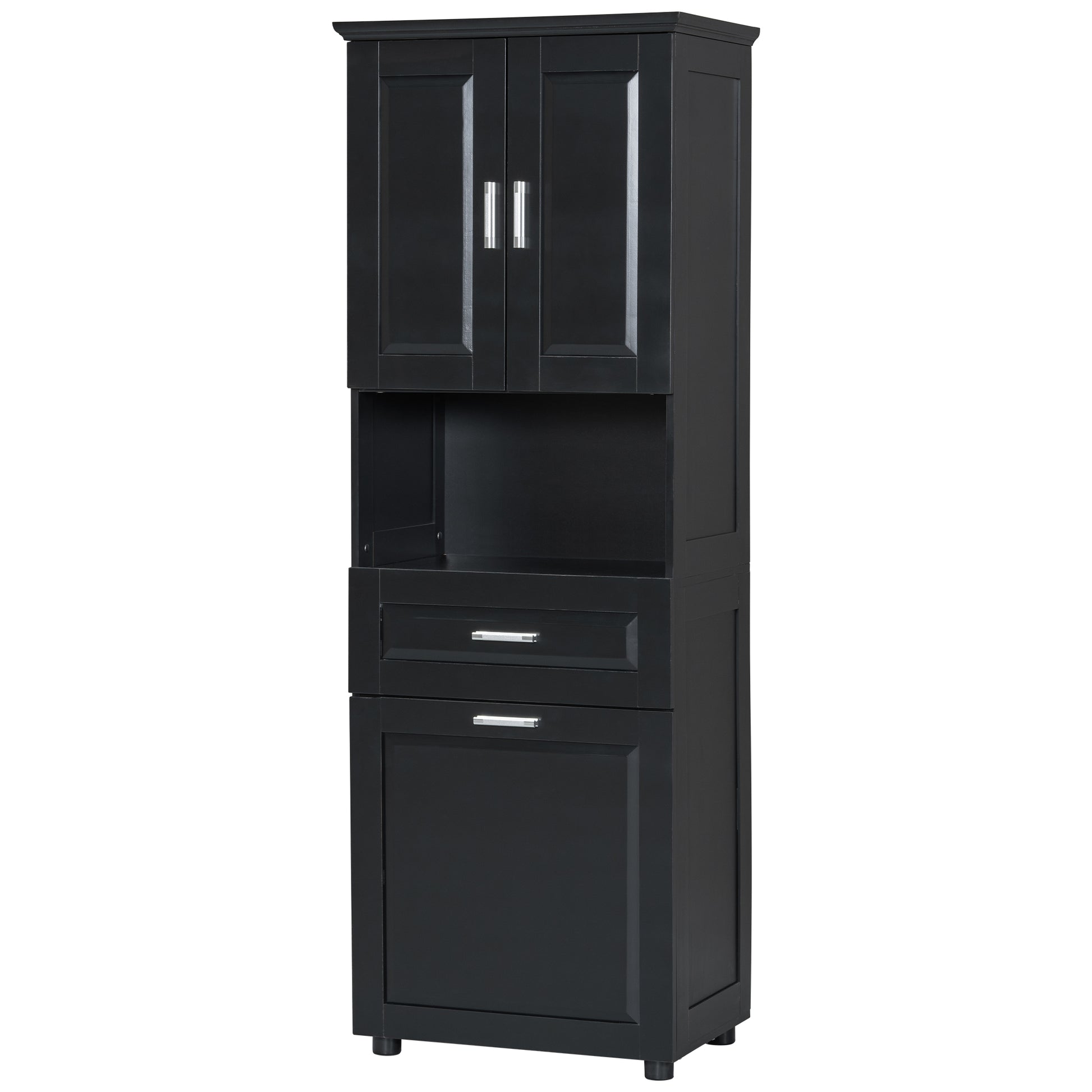 Tall Bathroom Cabinet With Laundry Basket, Large Storage Space Tilt Out Laundry Hamper And Upper Storage Cabinet, Black Black Mdf