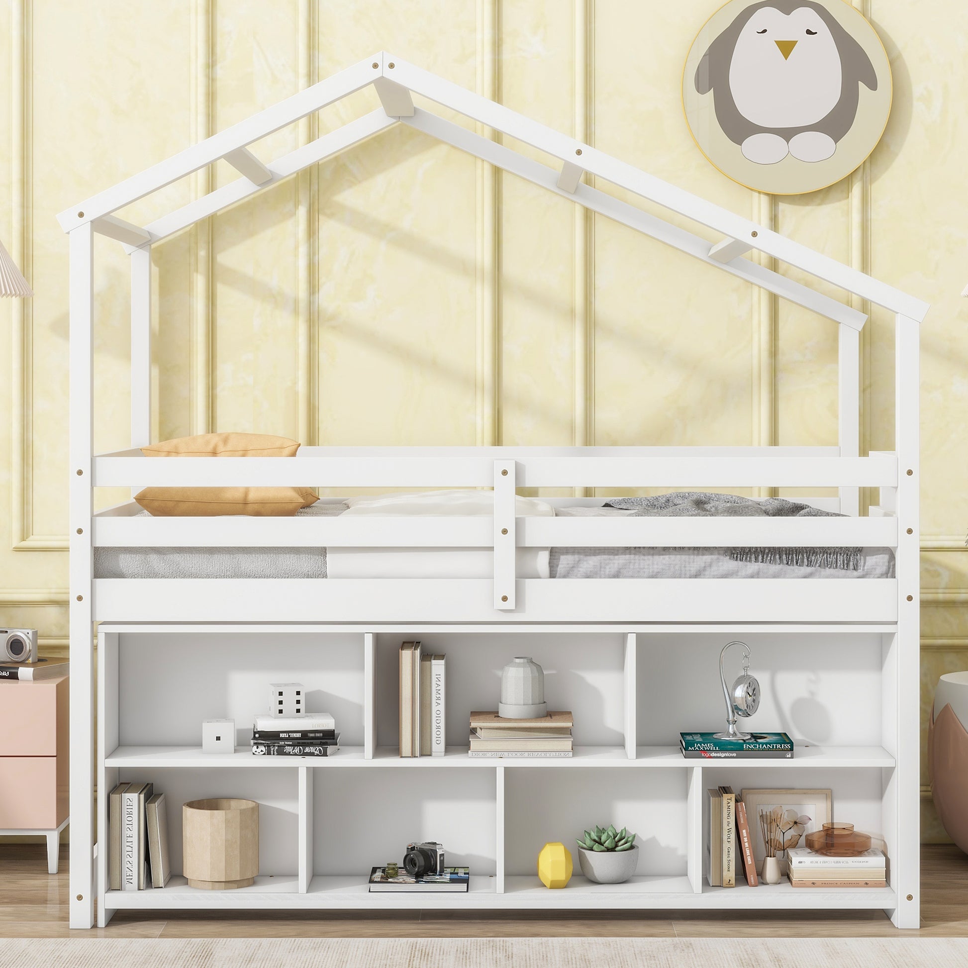 Twin House Loft Bed With Roof Frame, Under Bed Shelving Storage Unit, Guardrails, Ladder,White Twin White Bedroom American Design Pine Pine