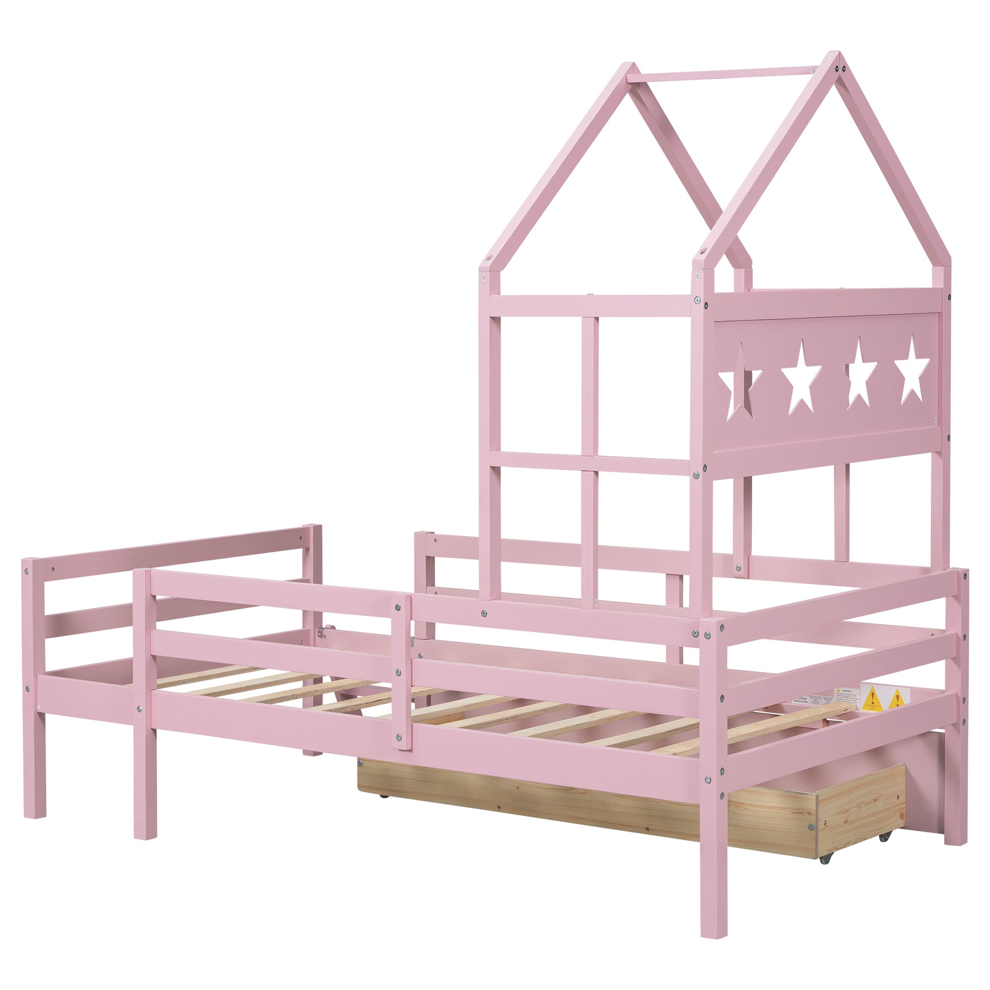 Wood Twin Size House Platform Bed With Guardrail And Drawer, Pink Box Spring Not Required Twin Pink Wood Bedroom Bed Frame Solid Wood Mdf