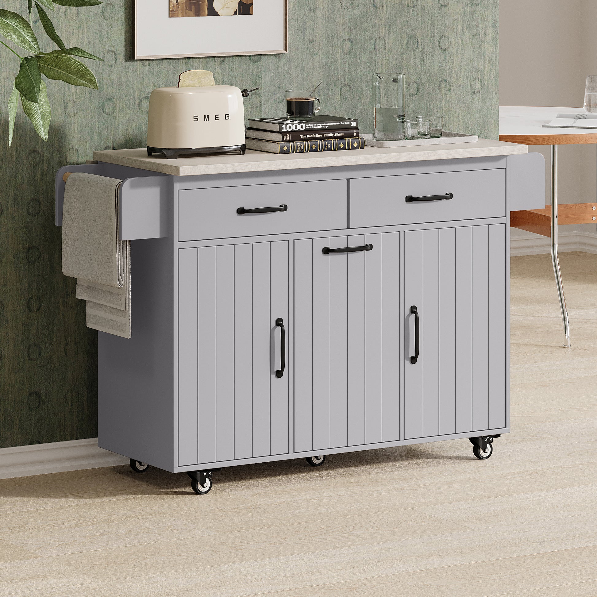 K&K Kitchen Island With Trash Can Storage Cabinet, Kitchen Cart With Drop Leaf, Spice Rack, Towel Rack And Drawer, Rolling Kitchen Island On Wheels With Adjustable Shelf, Grey Grey Gray Kitchen