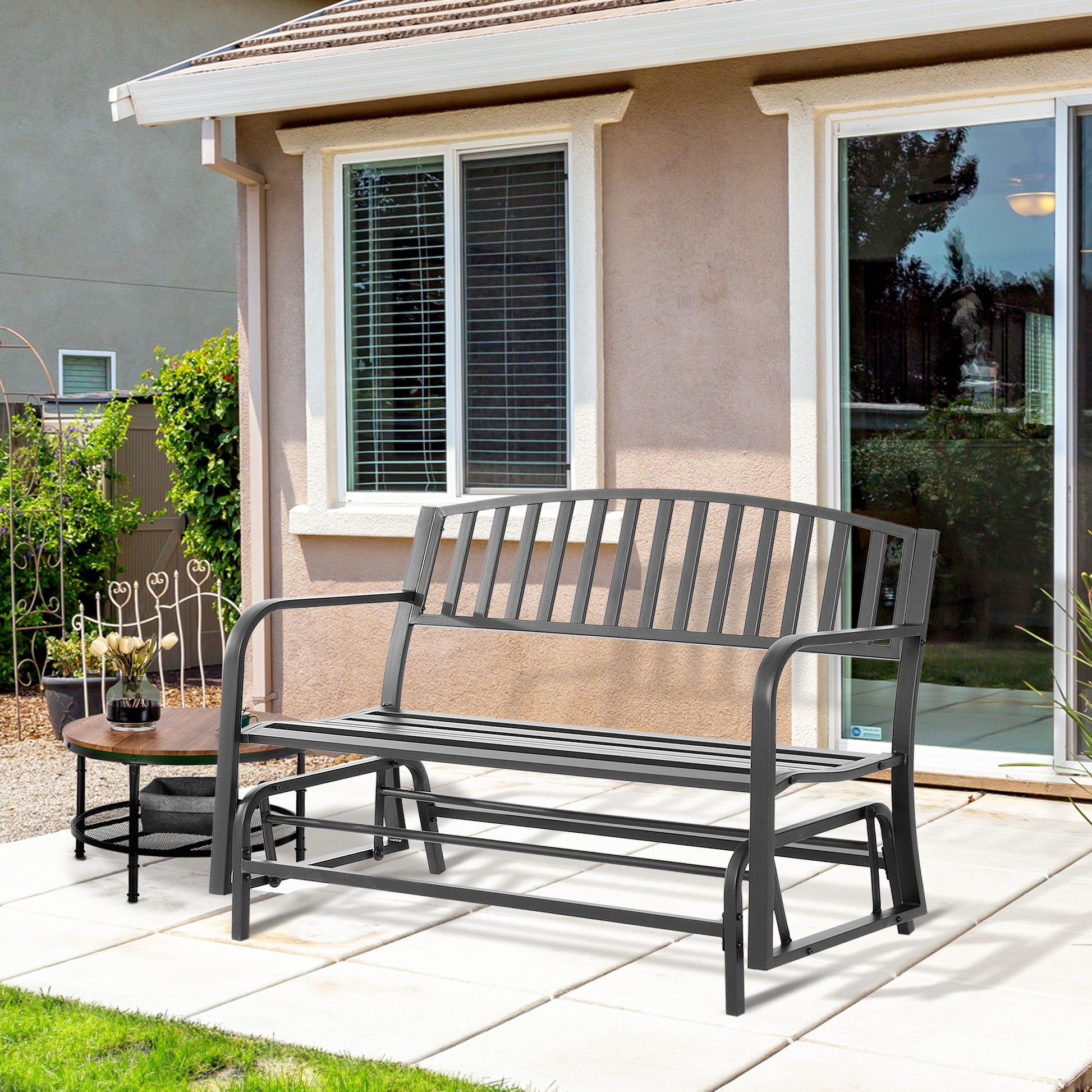 Outsunny Outdoor Glider Bench, Glider Bench For Outside Patio With Armrests, Slatted Seat & Backrest, Loveseat With Power Coated Steel Frame, Black Black Steel
