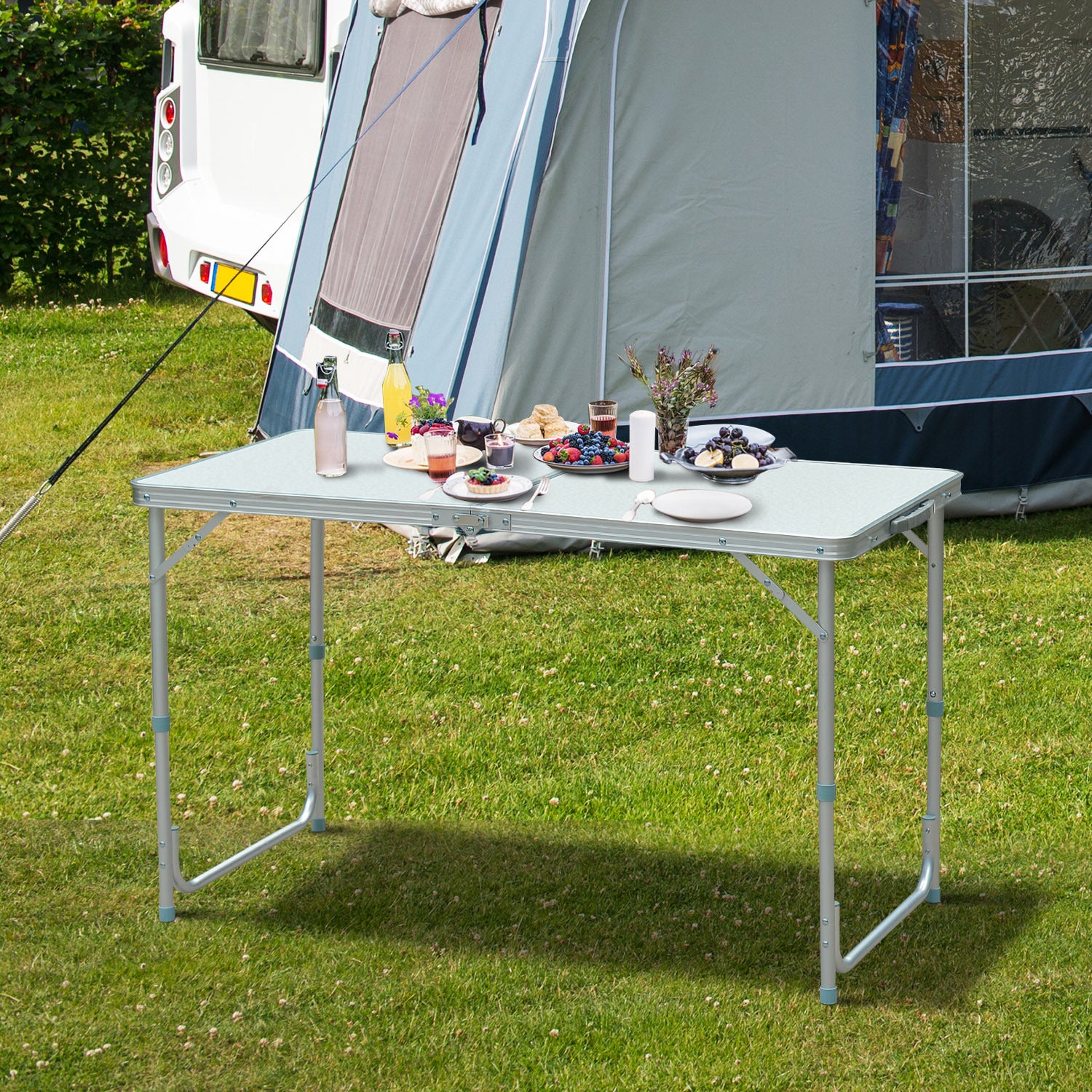 Outsunny 47" Folding Camping Table With Height Adjustability, Lightweight Portable Table With Carry Handle, Outdoor Folding Table Camping Accessories Silver Aluminum