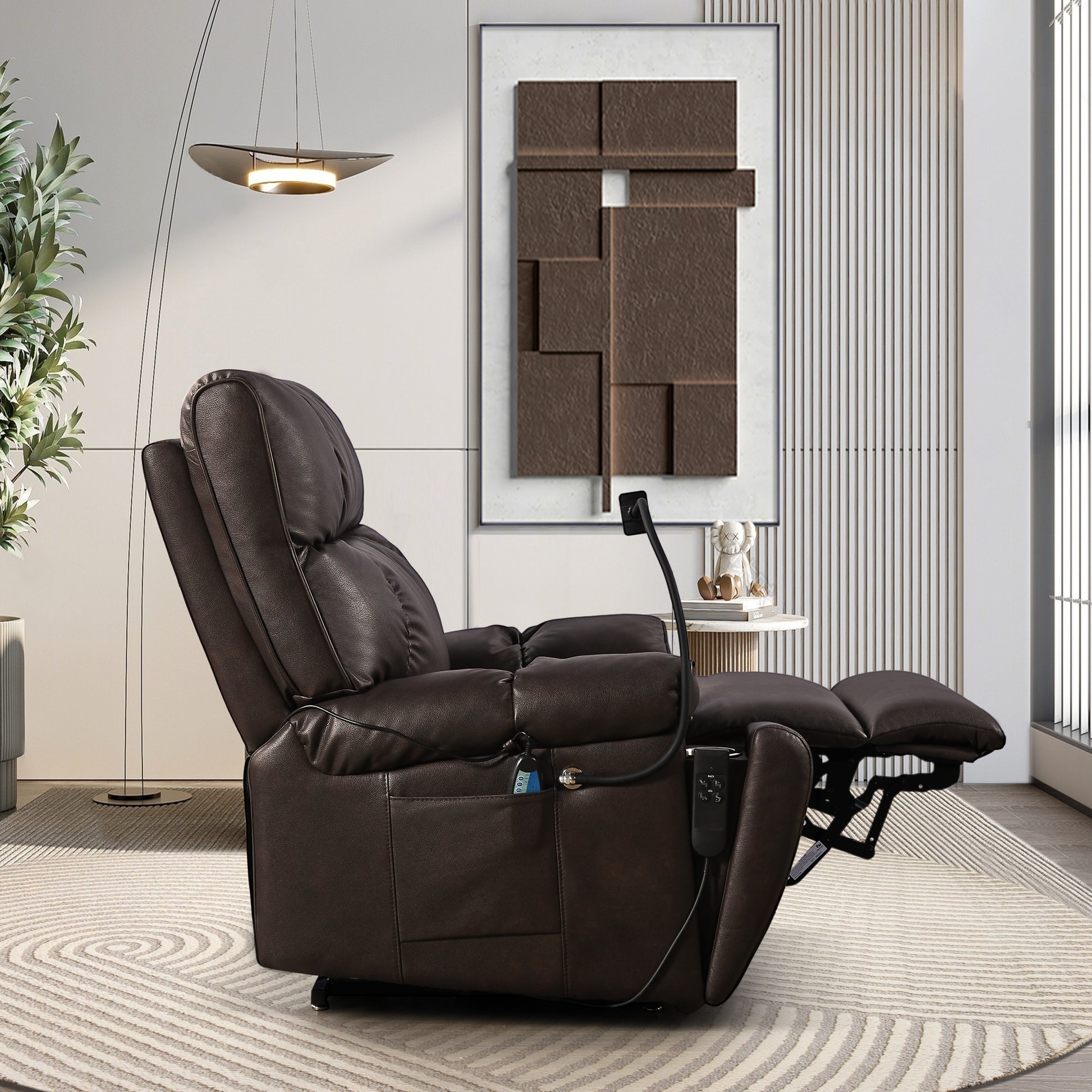 Recliner Chair With Phone Holder,Electric Power Lift Recliner Chair With 2 Motors Massage And Heat For Elderly, 3 Positions, 2 Side Pockets, Cup Holders Brown Faux Leather Power Remote Metal Primary Living Space American Design Eucalyptus Foam Bonded